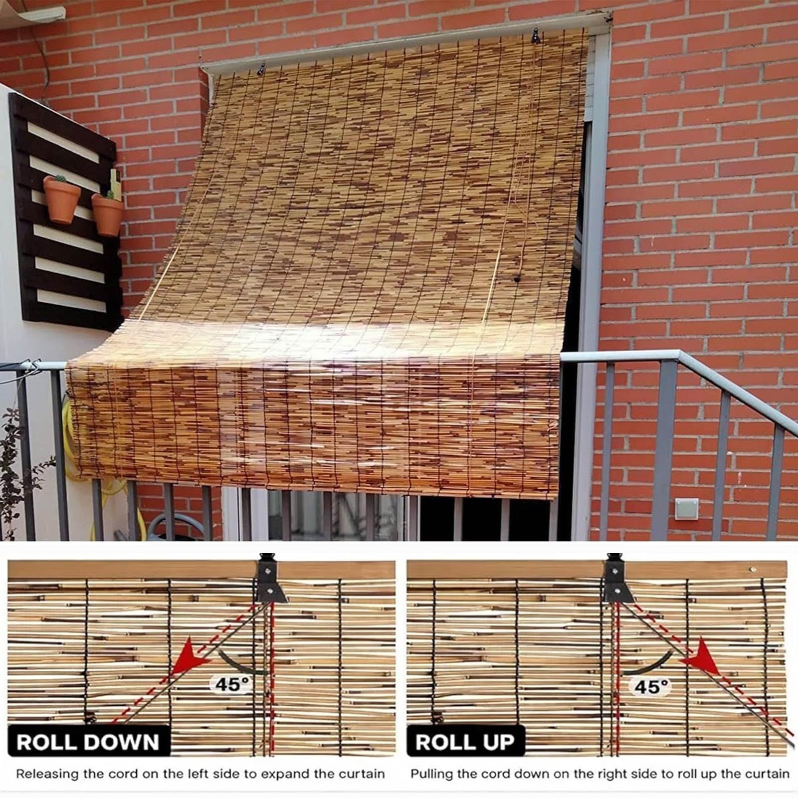 Tenda Bambù Naturale per Terrazza e Veranda, Tenda Avvolgibile per Balcone e Pergola, Filtro Luce per Giardino e Spazi Esterni(W60 x H300 cm)