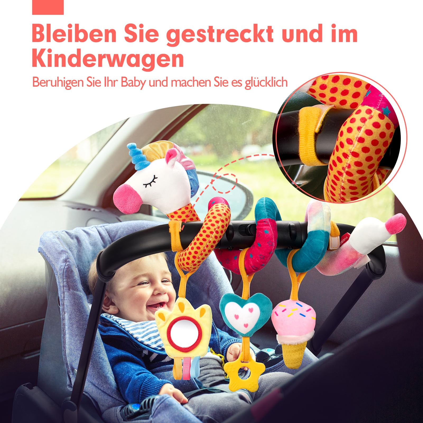 hahaland Kinderwagen Spielzeug, Kinderwagenkette mit Einhorn Mustern, Activity Spirale Spielzeug für Bett, Babyschale Spielzeug,Autositz,Plüsch Baby Spielzeug für ab 0 Monate Junge Mädchen