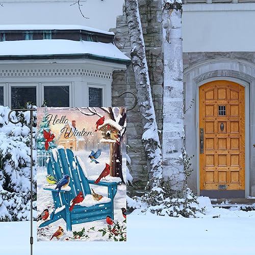 Miniatura 7 de Bandera de jardín con texto en inglés Hello Winter Garden Flag de 12 x 18 pulgadas, arpillera de doble cara de arpillera de Navidad para invierno,