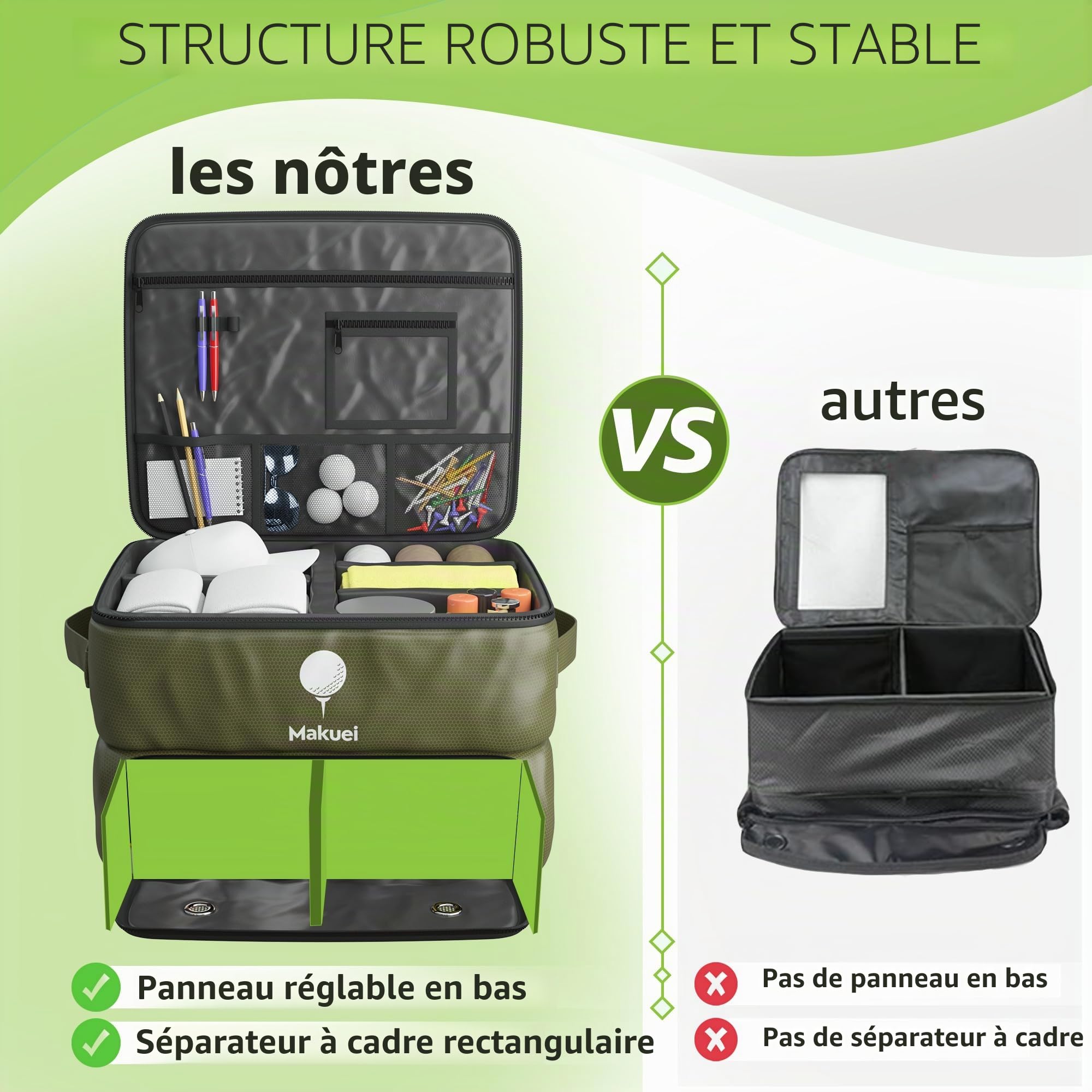 Makuei Organisateur d'accessoires de golf pour voiture - Idéal pour ranger brosses, tees, balles, répare-pitch, vêtements et autres accessoires - Cadeau de golf parfait