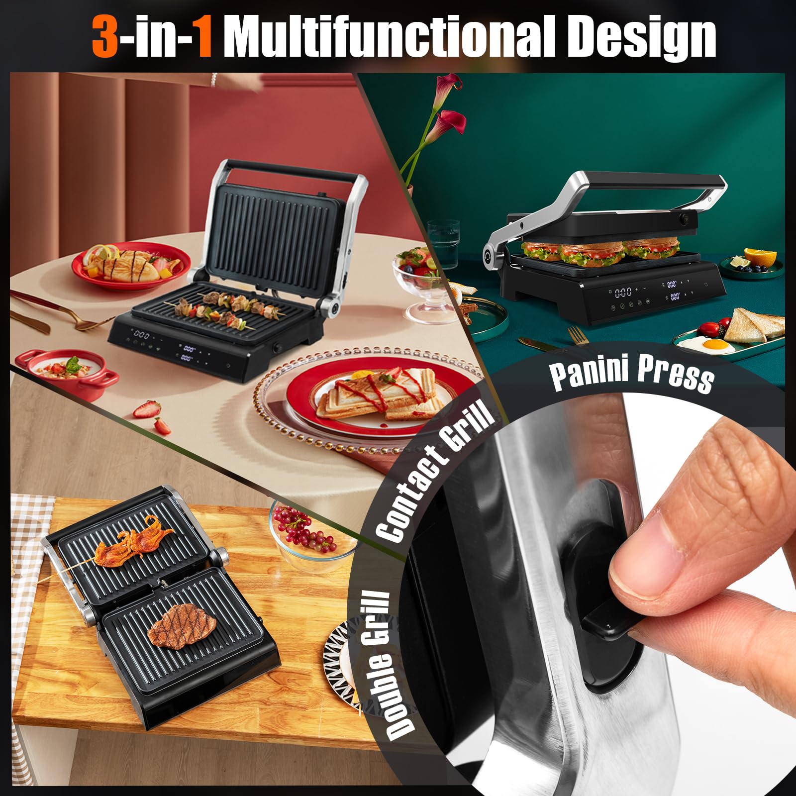 SOARS Sandwichmaker 3-in-1, 1800 – 2000 W, elektrische Panini-Maschine mit 5 Kochmodi, 200 – 230 °C, Öffnungswinkel 180 °, Grillplatte, abnehmbar und waschbar, Timer 0 – 4 Stunden, Schwarz