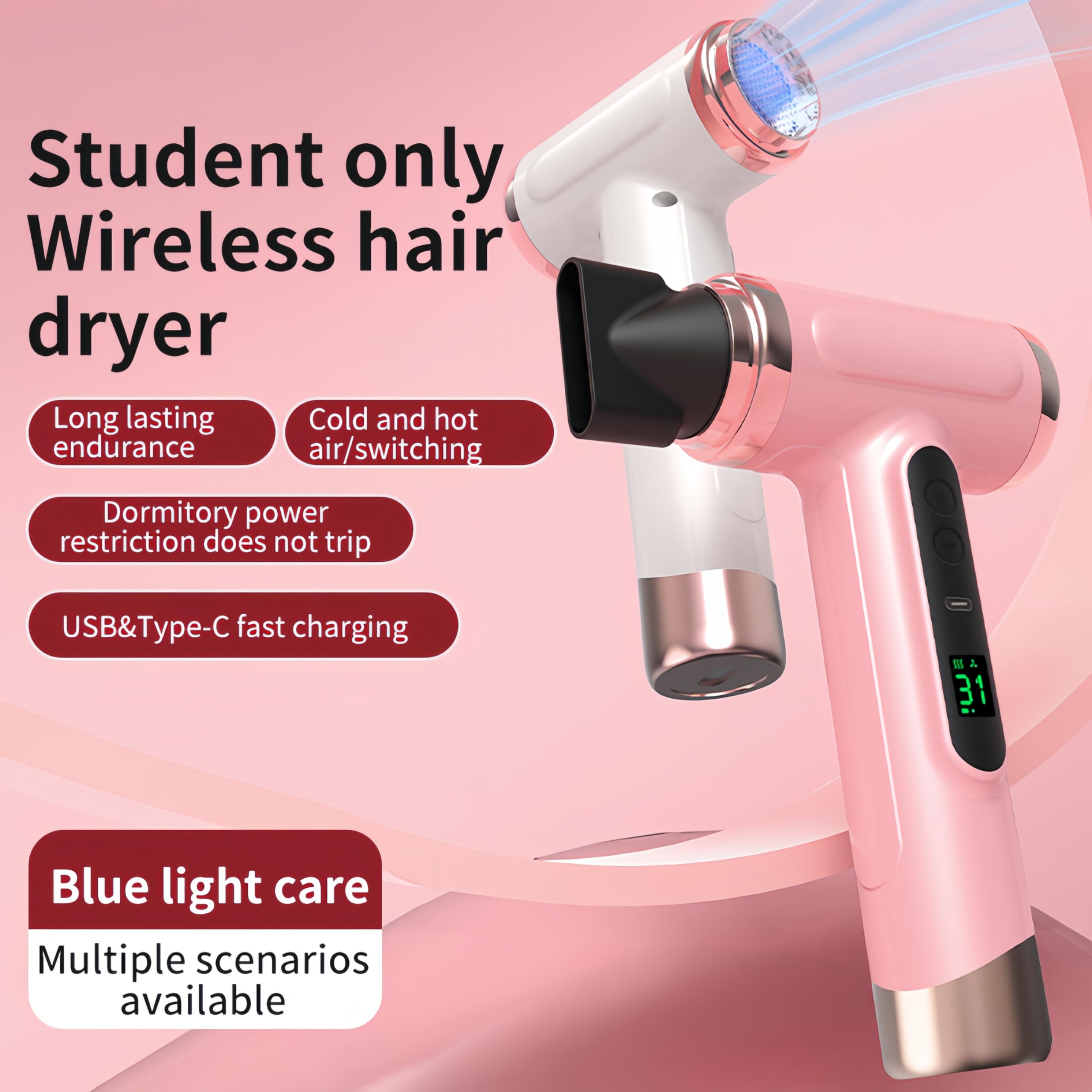 Bewinner Pro Reisefön - 3 Geschwindigkeiten & 3 Temperaturen Kabelloser Fön mit 15000mAh Tragbarer Haartrockner mit Digitalem Bildschirm für Frauen Camping, Rosa