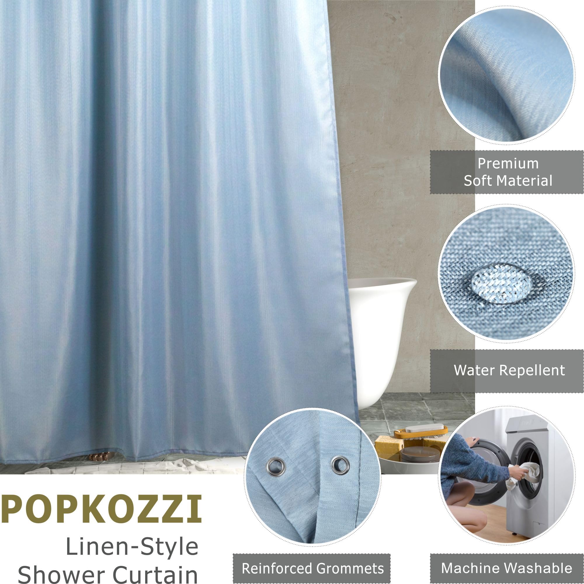 Blue Fabric Shower Curtains for Bathroom: Fog Blue Anti Mould Mildew Resistant Water Repellent Washable Polyester Shower Curtain Liner for Wet Room - Image 2