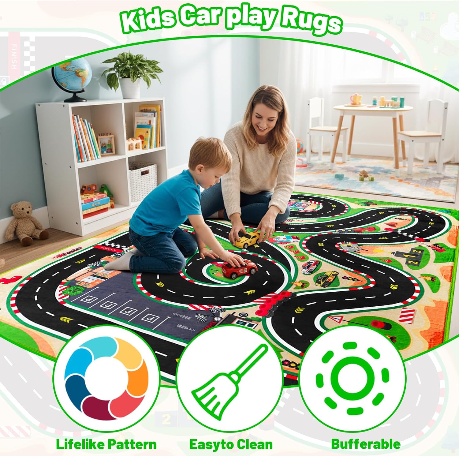Kids Car Rug Play Mat Racetrack Theme, Non-Slip Open Wheel Racing, Washable Kids Race Track Rug for Bedroom Playroom(3.28 x 4.92 ft Green)