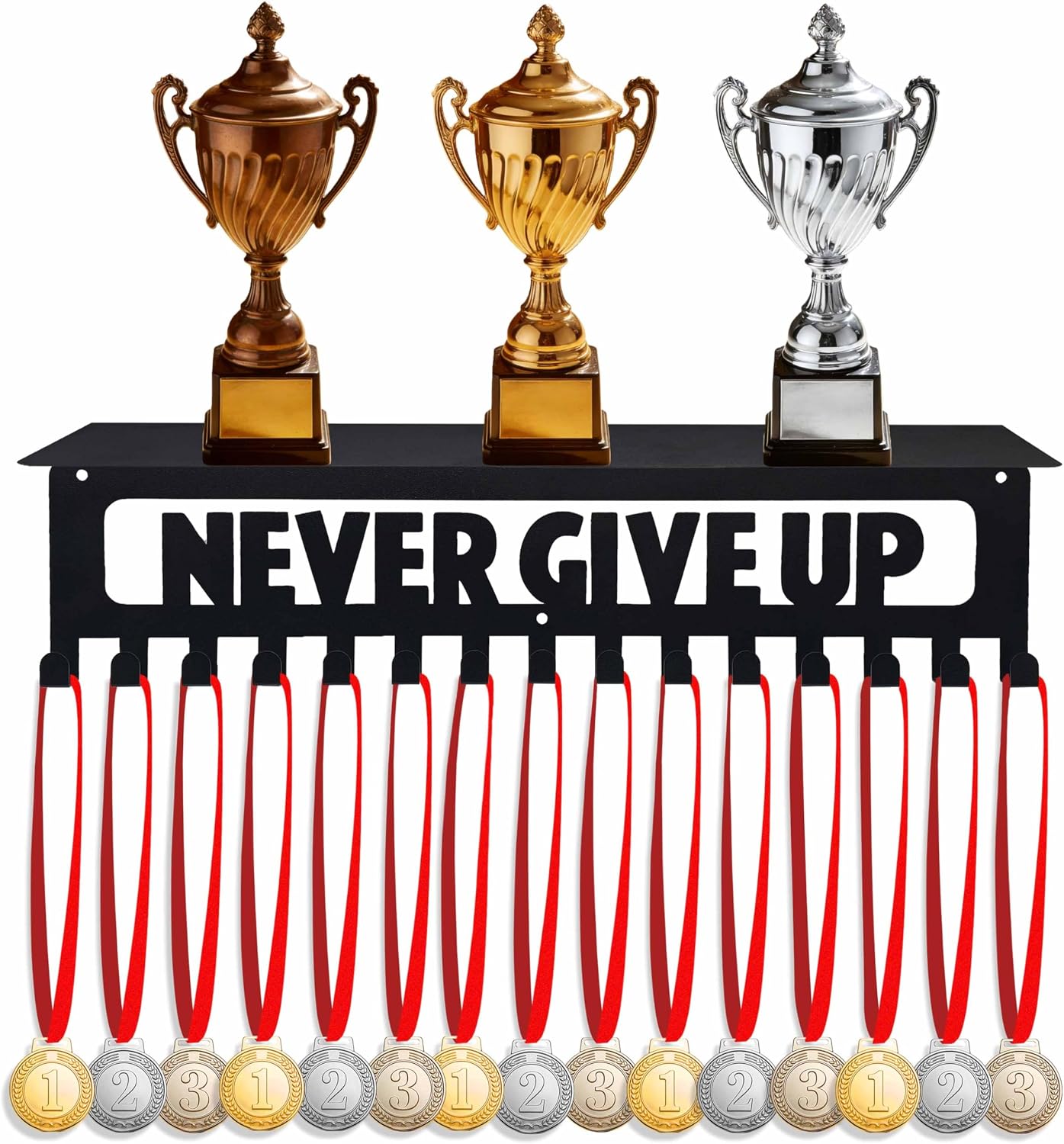 Medal Hanger Display with Trophy Shelf, NEVER GIVE UP Metal Medal Holder for Wall with 15 Hooks, Shelve For Trophies medal display, Medal Holder display For Gymnastics, Race, Soccer, Swim, F1