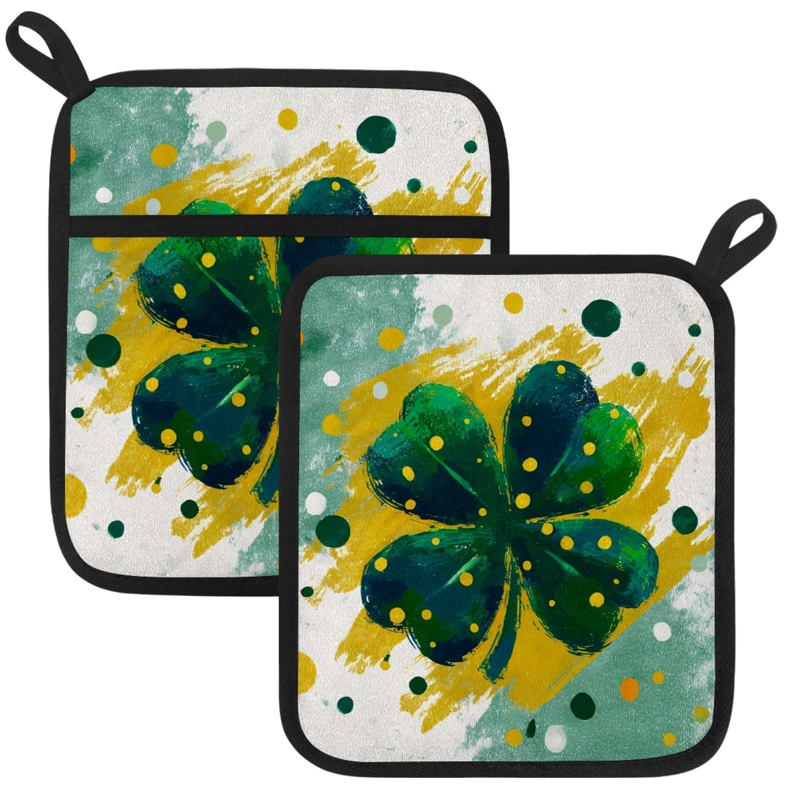 VAPOKF St. Patrick's Day Clover Heat Resistant Pot Holders, Thick Pot Holders Pad with Hanging Loop for Kitchen, Oven Cloth Pads for Kitchen Baking Microwave Oven