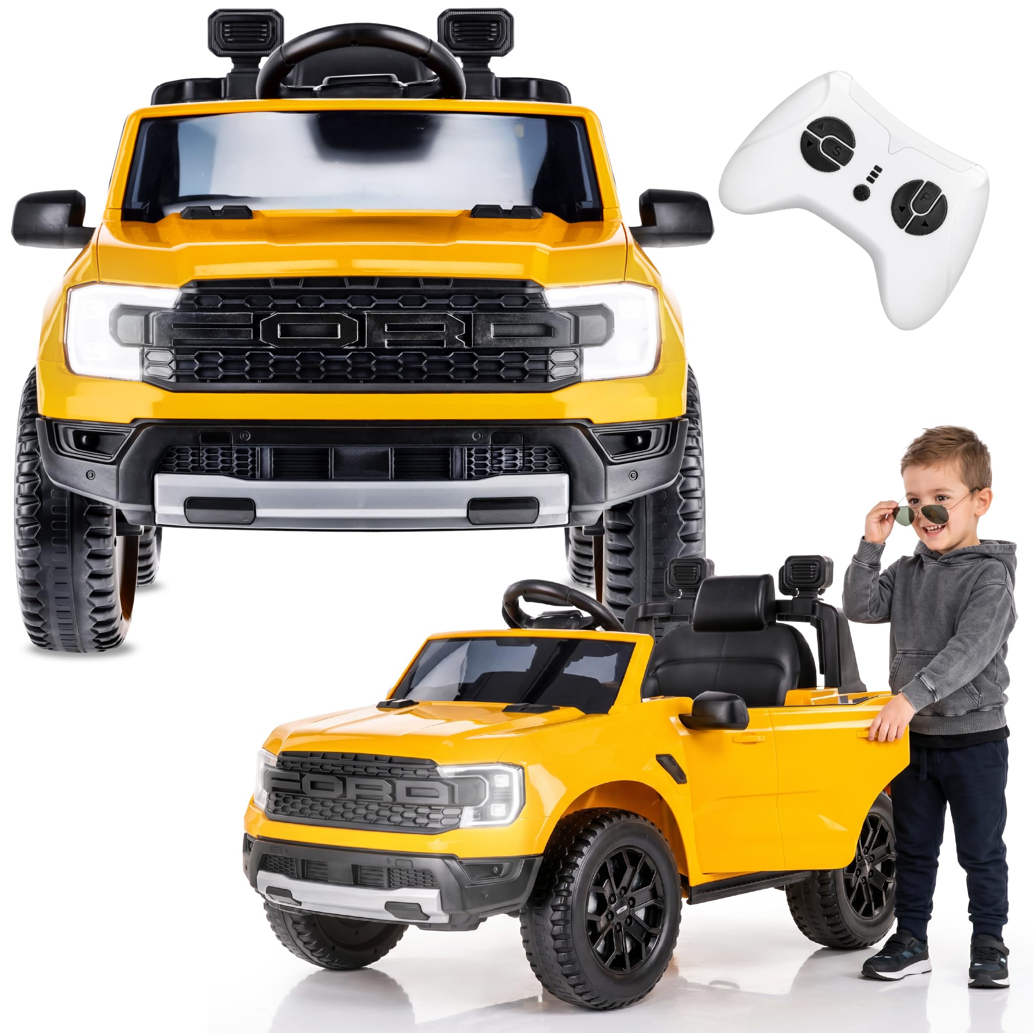 SUN BABY Ford Raptor - Kids Electric Ride On Car for Ages 3-6 Years, 12V 4.5Ah Battery Powered Vehicle, Parental Remote Control, MP3 Music Player, LED Lights, Suspension - Yellow — image 1