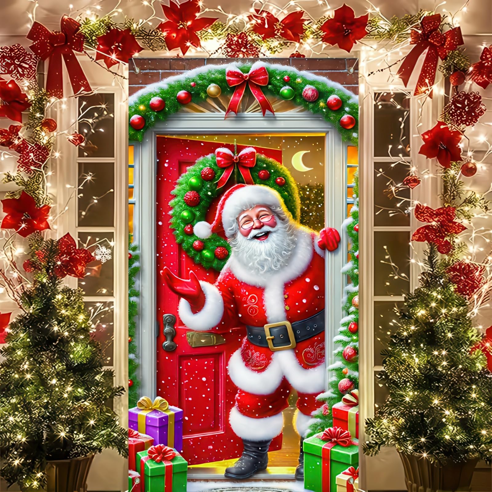 BlissYard Christmas Door Cover - Santa Claus Hanging Banner Backdrop 71 x 35 Inch - Photography Background for Christmas Party Home Decor Front Door (