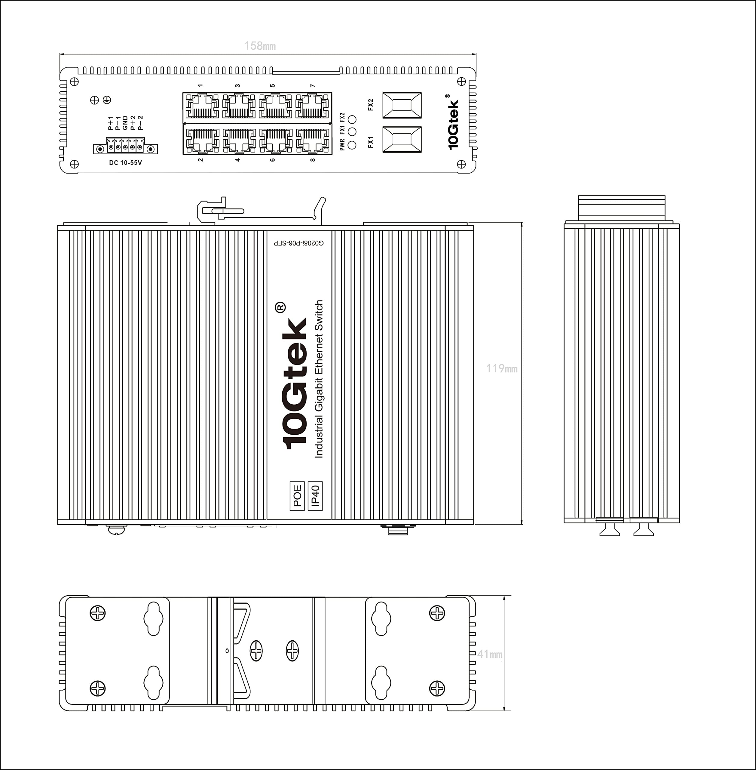 Industrial IP40, 10-portowy przełącznik Gigabit Ethernet, POE 802.3af/at (w/20-km SFP transceiver), G0208i-P08, uchwyt DIN-Rail Mount