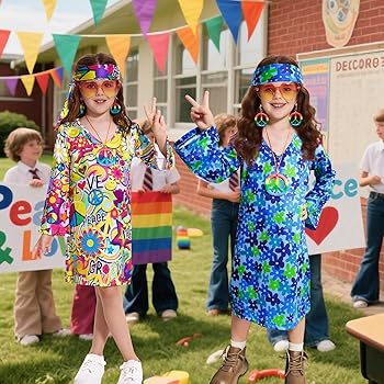 Amazon.com: MRYUWB 70s Hippie Dress for Girls, 1970s Outfits Peace Sign  Necklace Headband, 60s Themed Party Costumes for Kids 5-14 Years (Blue, 5-6  Years) : Toys & Games