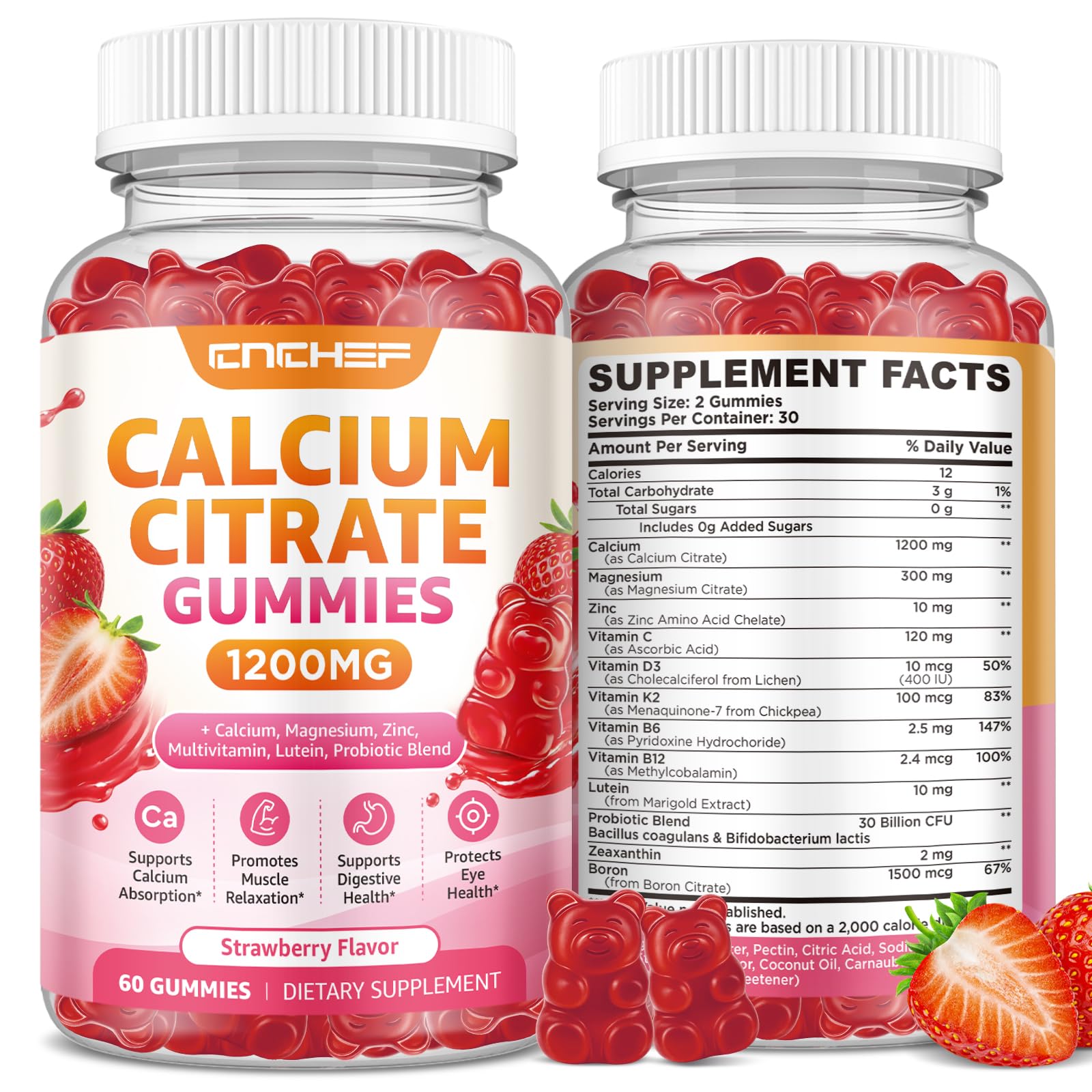 Calcium Gummies 1200mg, Calcium Supplements for Women with Vitamin D3, K2, Magnesium, Zinc High Absorption for Bone Muscle & Immune Support, Sugar Free, Vegan, Strawberry Flavor Strawberry 60 Count (Pack of 1)