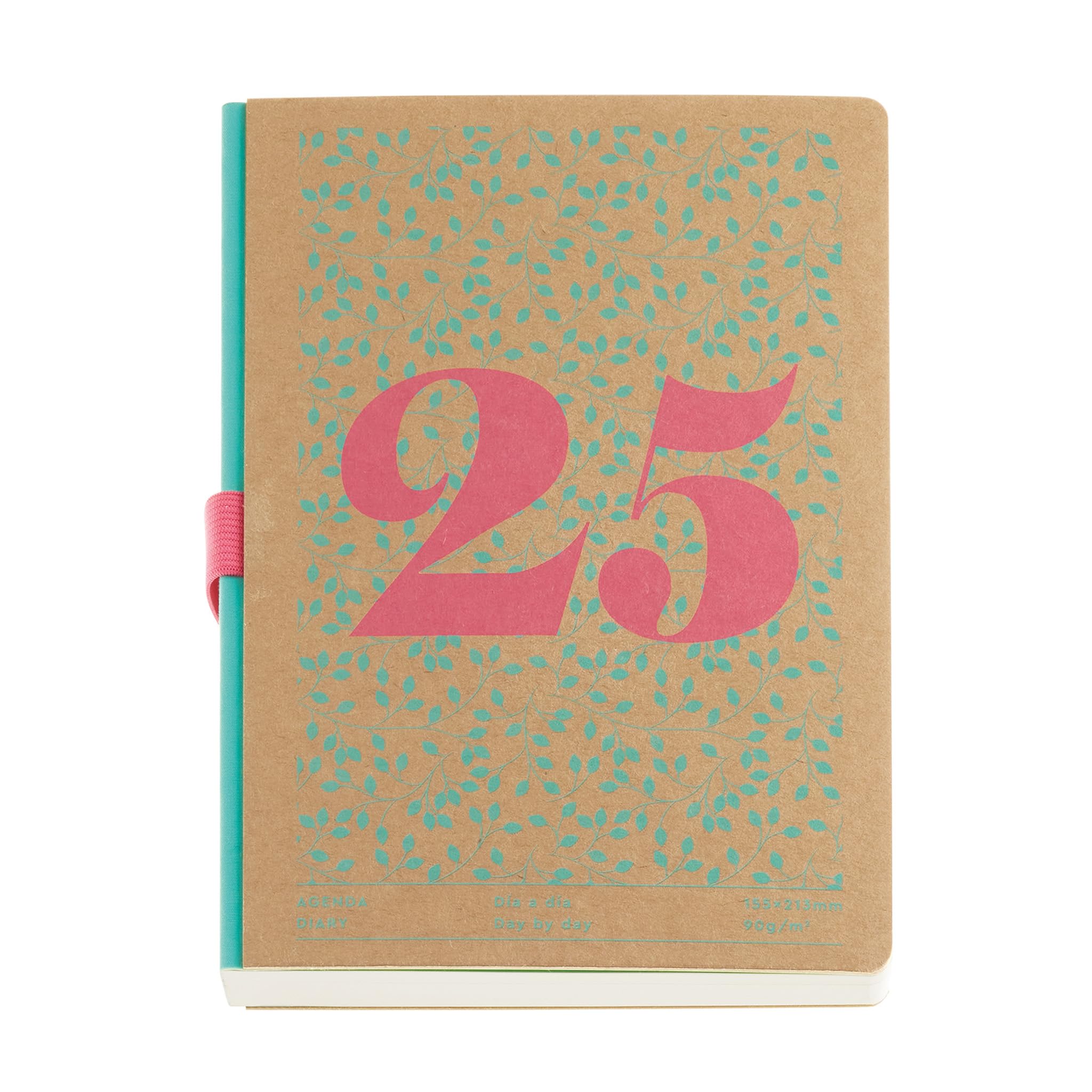 Miquelrius - Agenda 2025, Tamaño 155 x 213 mm, Agenda semana vista, Cubierta cosida de cartón kraft, Papel sostenible 100 g/m², Goma portabolígrafos, Español, Inglés y Portugués, Hojas