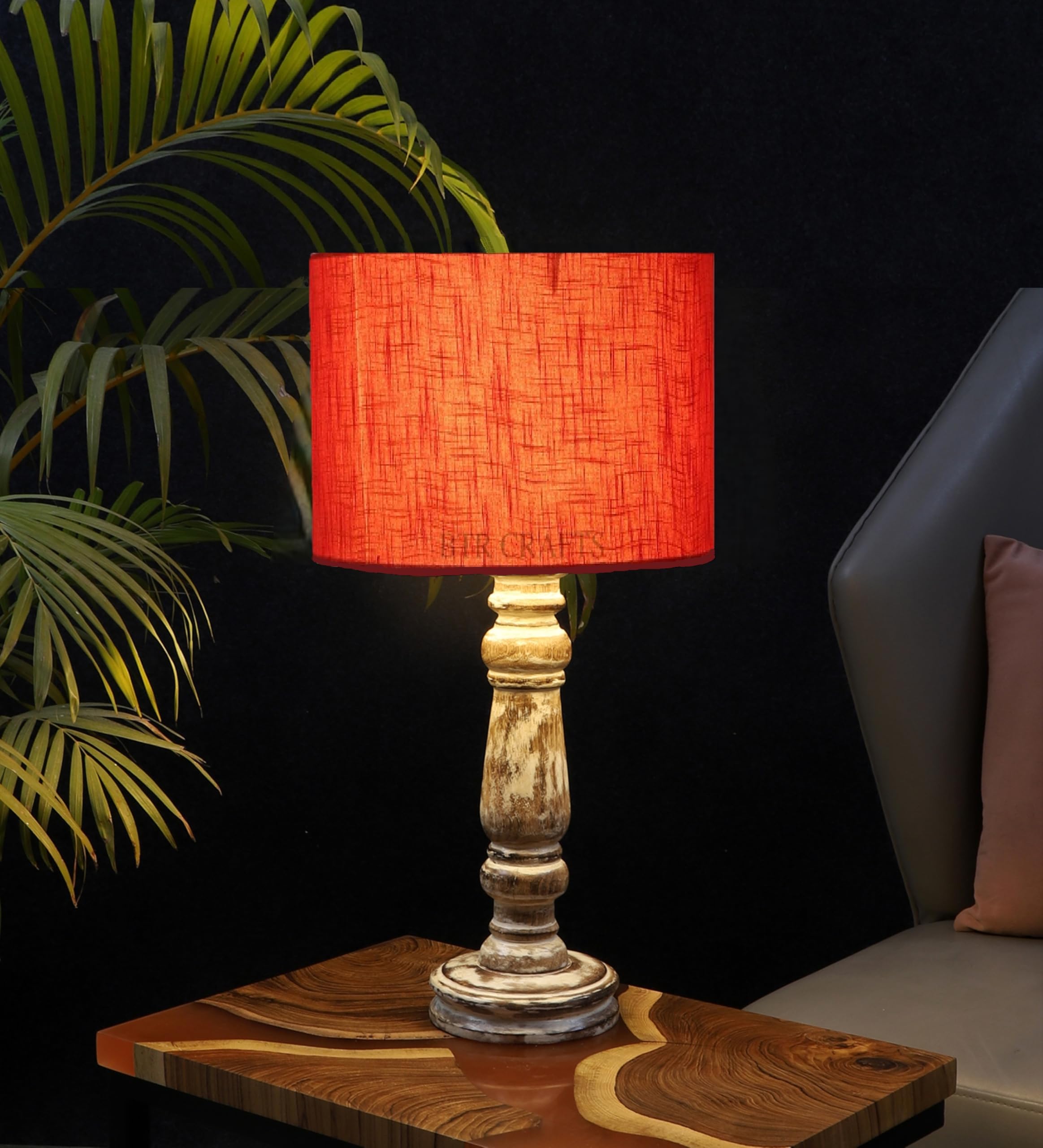 Retro Table Lamp, Wooden lamp for Bedroom, Night Table lamp (Bulb not Included) (Red Texture)