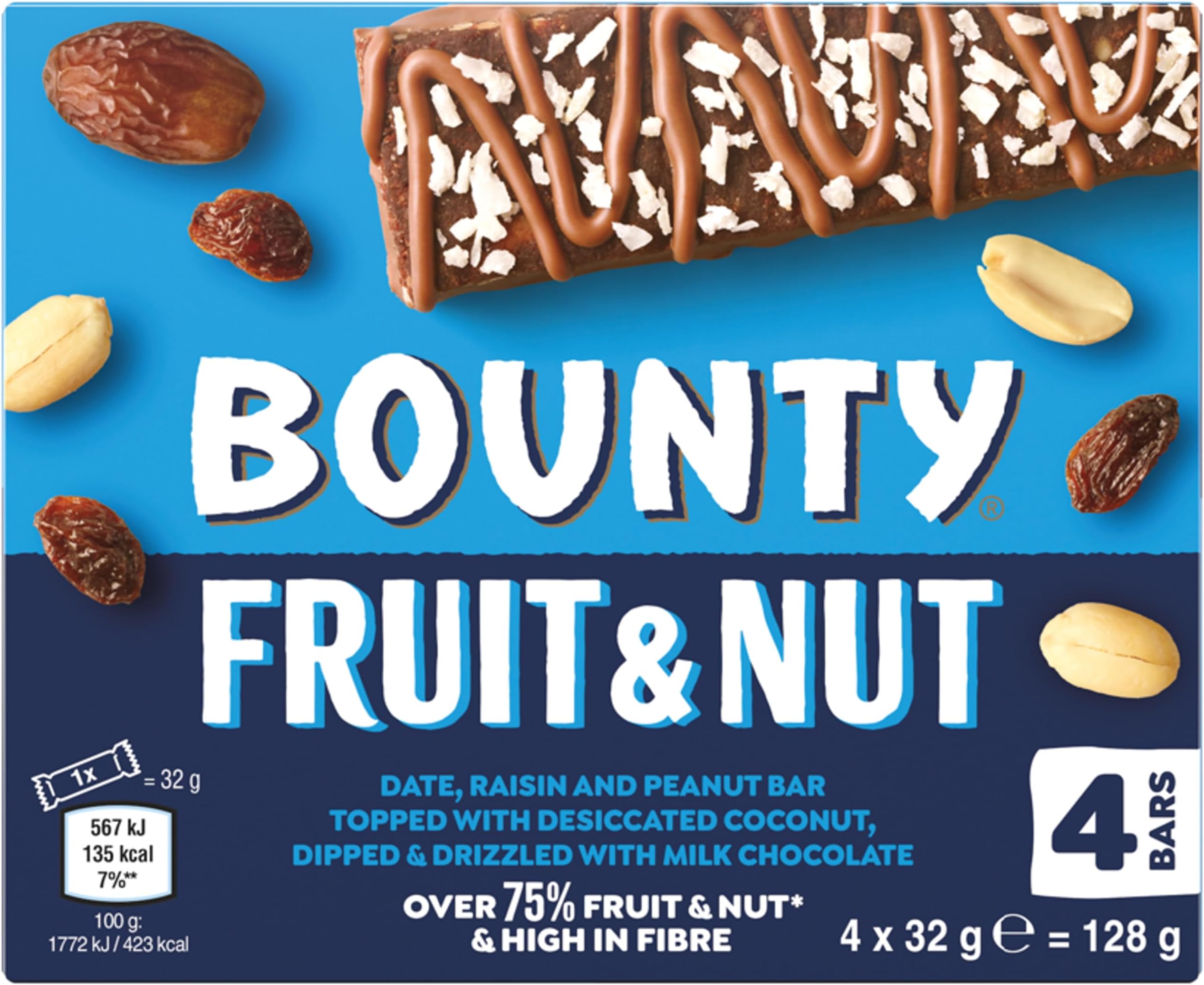 Bounty Fruit & Nut Milk Chocolate Snack Bars Multipack 4 Bars x 32g