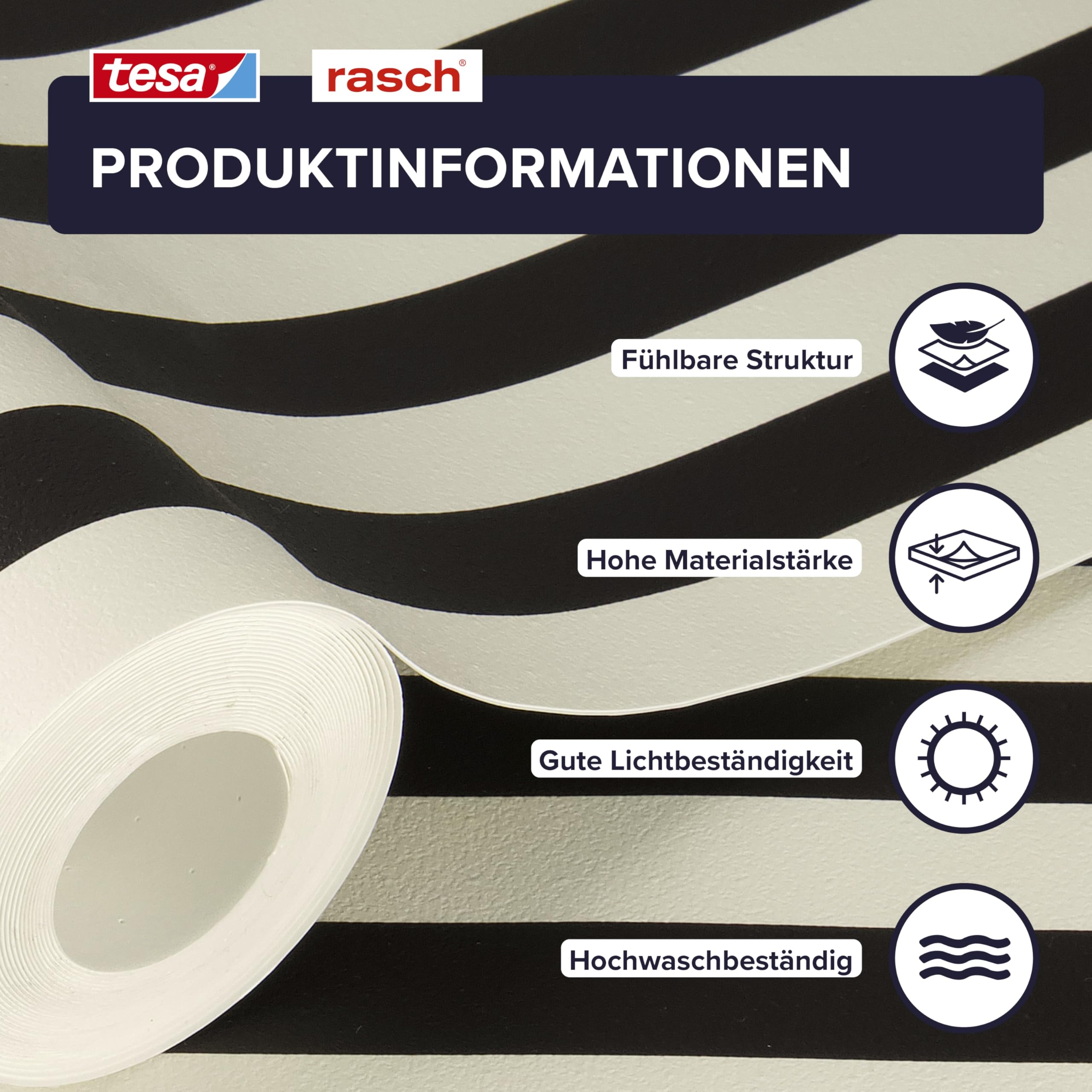 Rasch Tesa Lenny Papel pintado autoadhesivo a rayas, papel pintado no tejido, rayas en blanco y negro, texturizado, sin pegamento, reutilizable, sin dejar residuos, extraíble, 6,00 m x 0,53 m