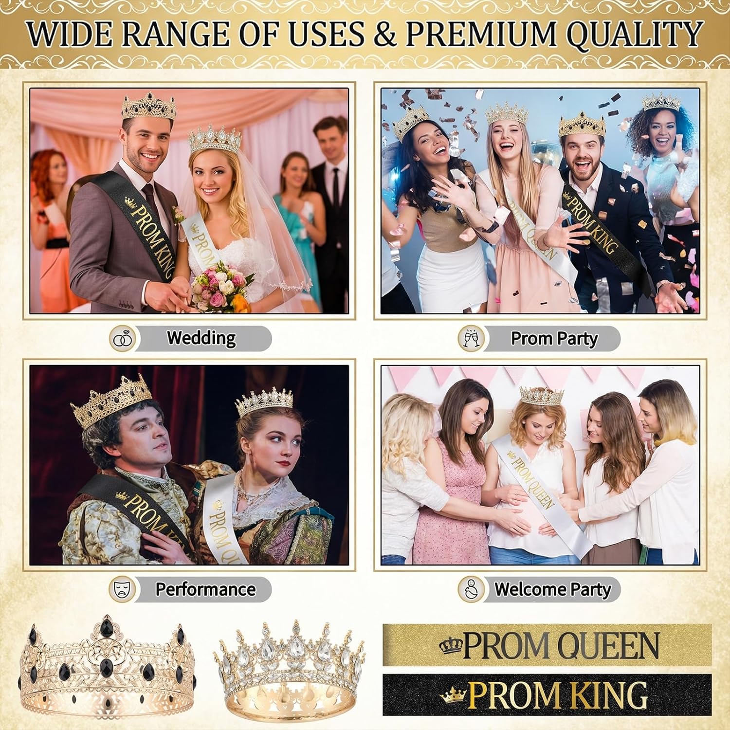Prom King and Queen Crown Set - 4 Pcs Gold Crown Reinstone Tiara with Satin Sashes for Graduation Prom Accessories