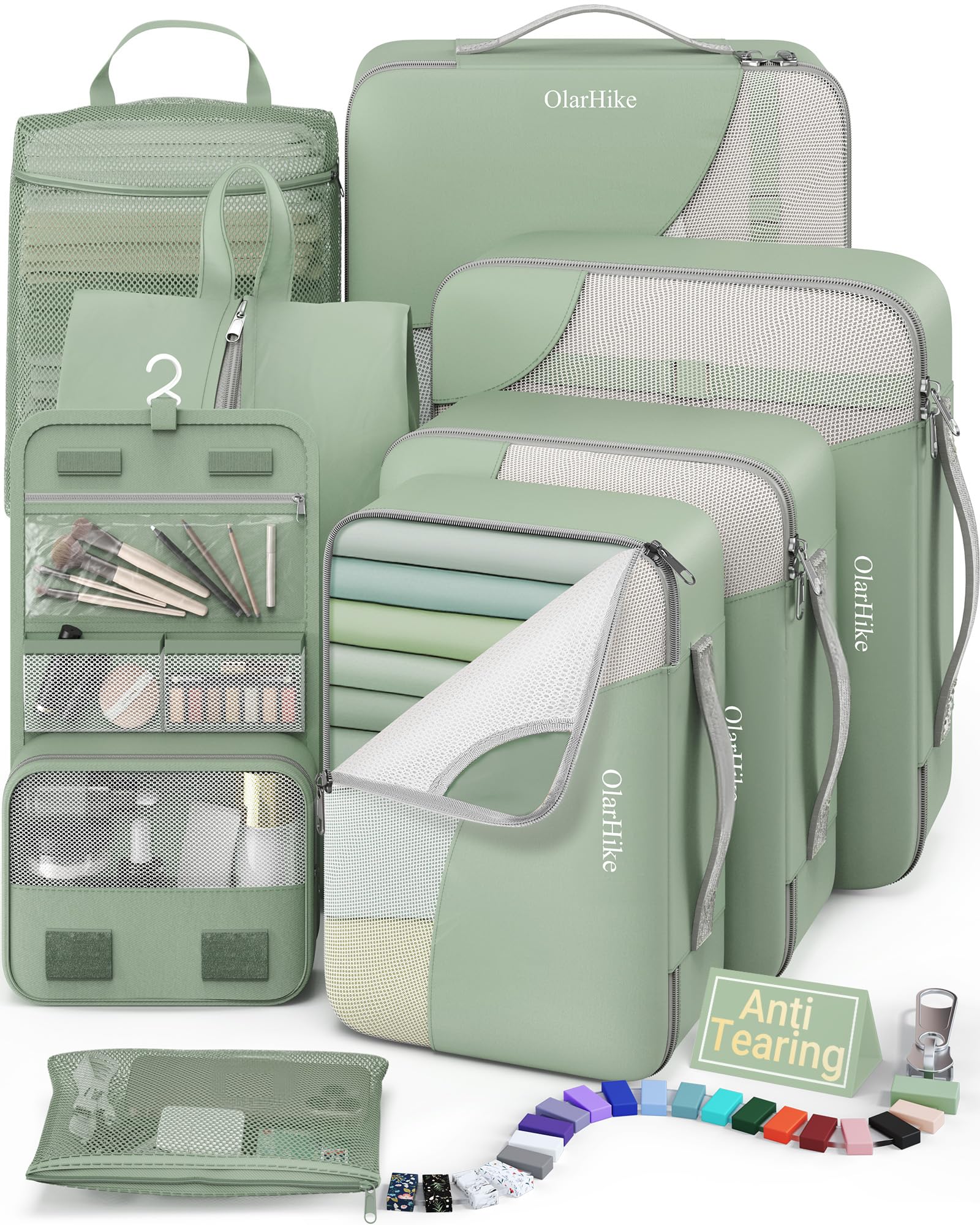OlarHike Packing Cubes for Travel,Gifts for Women Mom,Anti-Tearing Suitcase Organizer for Luggage with Shoe &amp; Hanging Toiletry Bag,Vacation Essentials &amp; Accessories for Cruise Ship,8 Set,Matcha Green