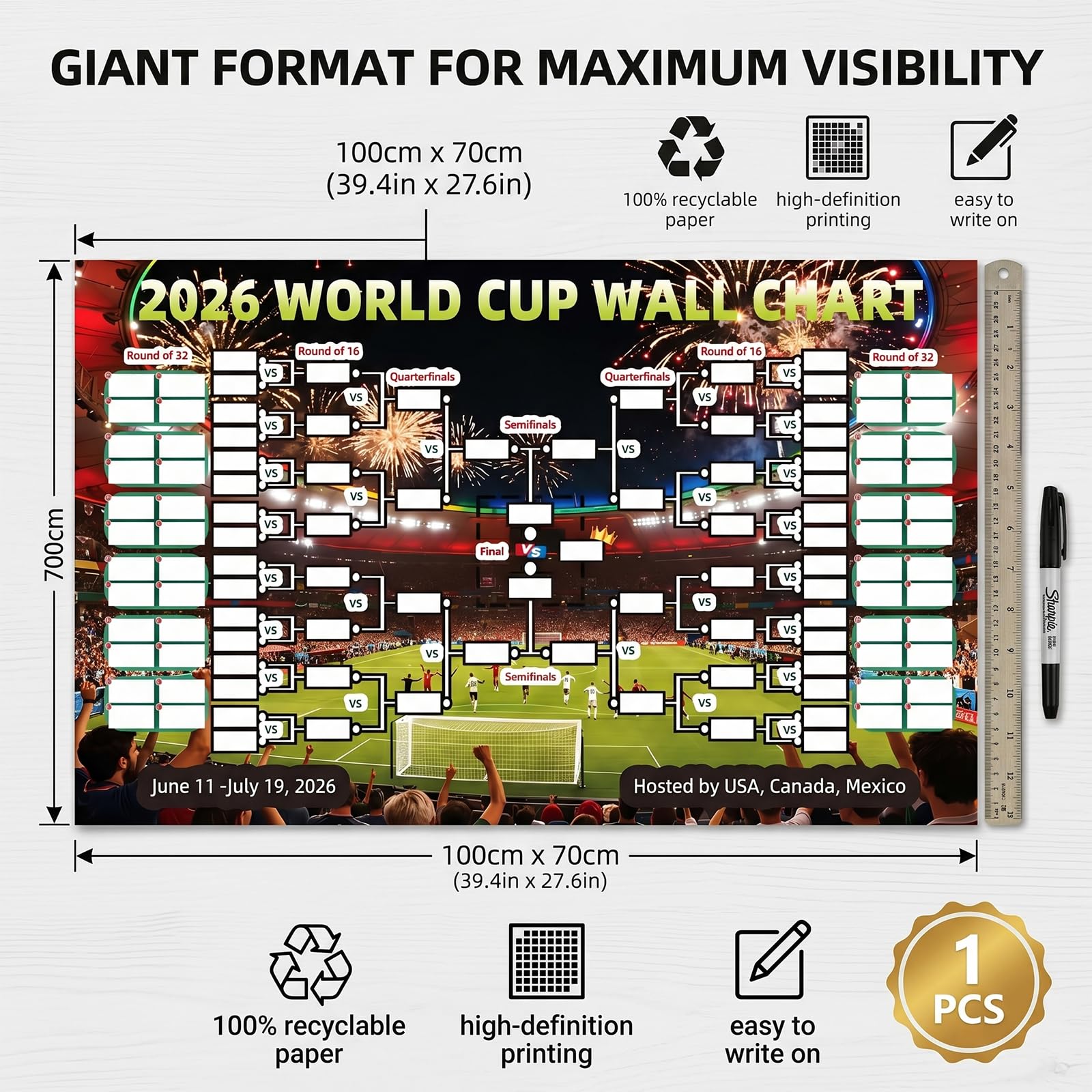 Mondiali 2026 Poster 100x70 cm Calendario Coppa del Mondo Programma Partite Mappa