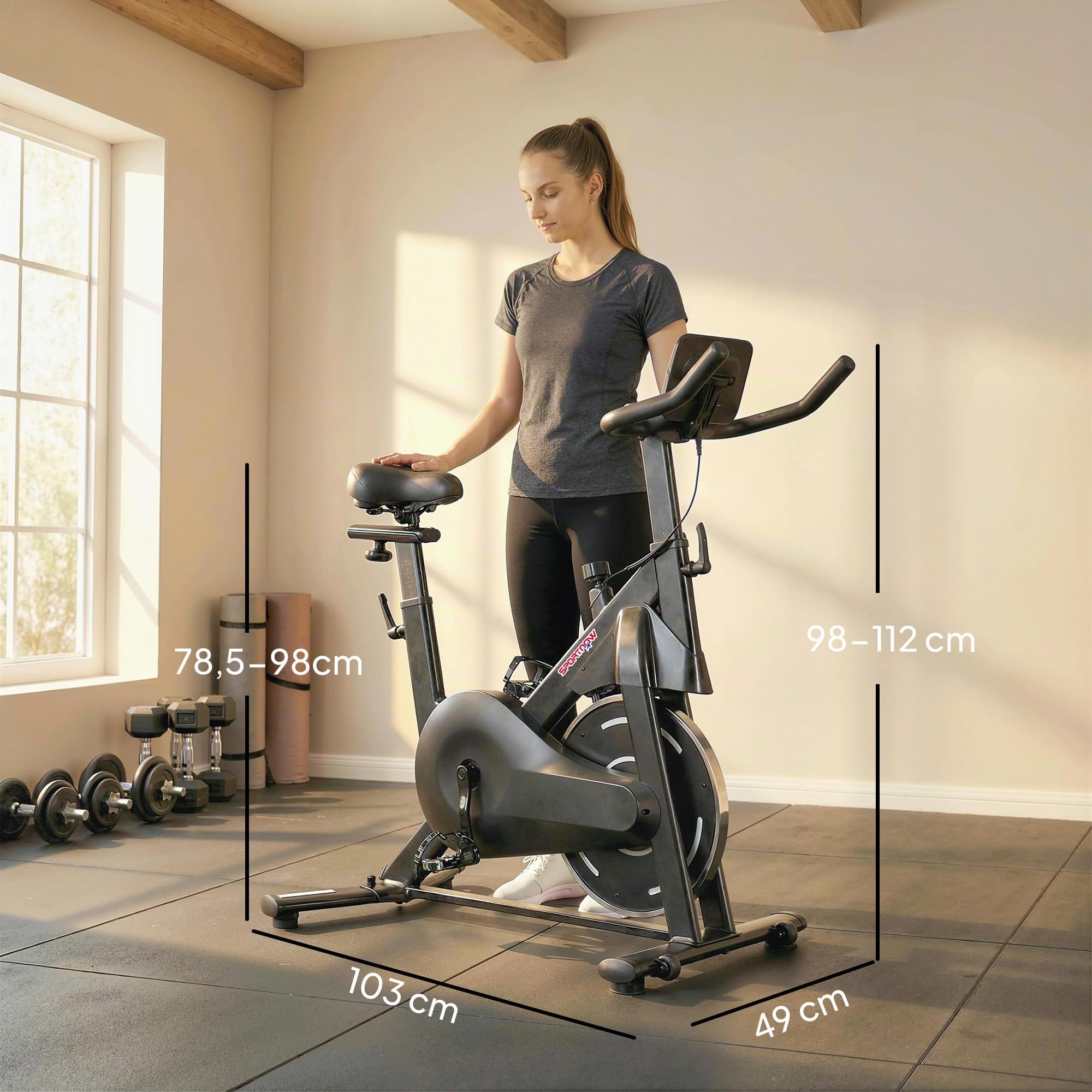 SPORTNOW Bicicleta Estática en Casa con Resistencia Magnética Regulable | Silenciosa, Pantalla LCD, Volante, Asiento y Manillar Ajustables, Ruedas, Soporte para Tablet, Carga 120 kg