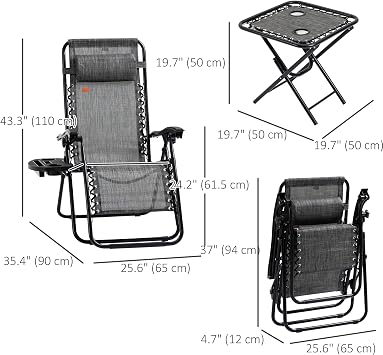 Outsunny Zero Gravity Chair Set with Side Table, Folding Reclining Chair with Cupholders & Pillows, Adjustable Lounge Chairs for Pool, Backyard, Lawn, Beach, Gray