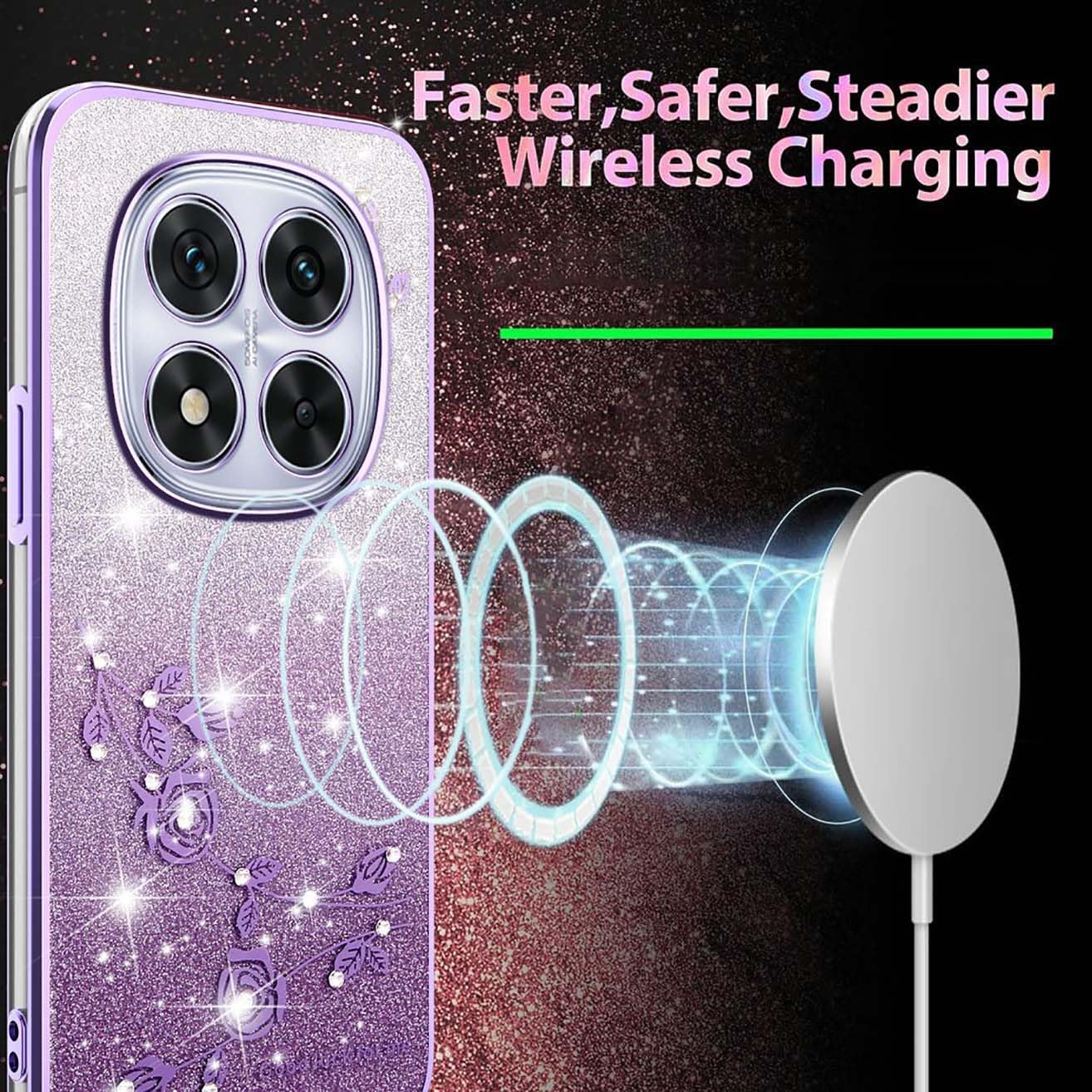 PONRFEKT Elettrolitico Glitter Cover per Redmi Note 14 4G,con Supporto Farfalla Custodia Trasparente,Ragazza Donna Bling Disegni Brillantini Ultra Sottile Antiurto Cover,Viola