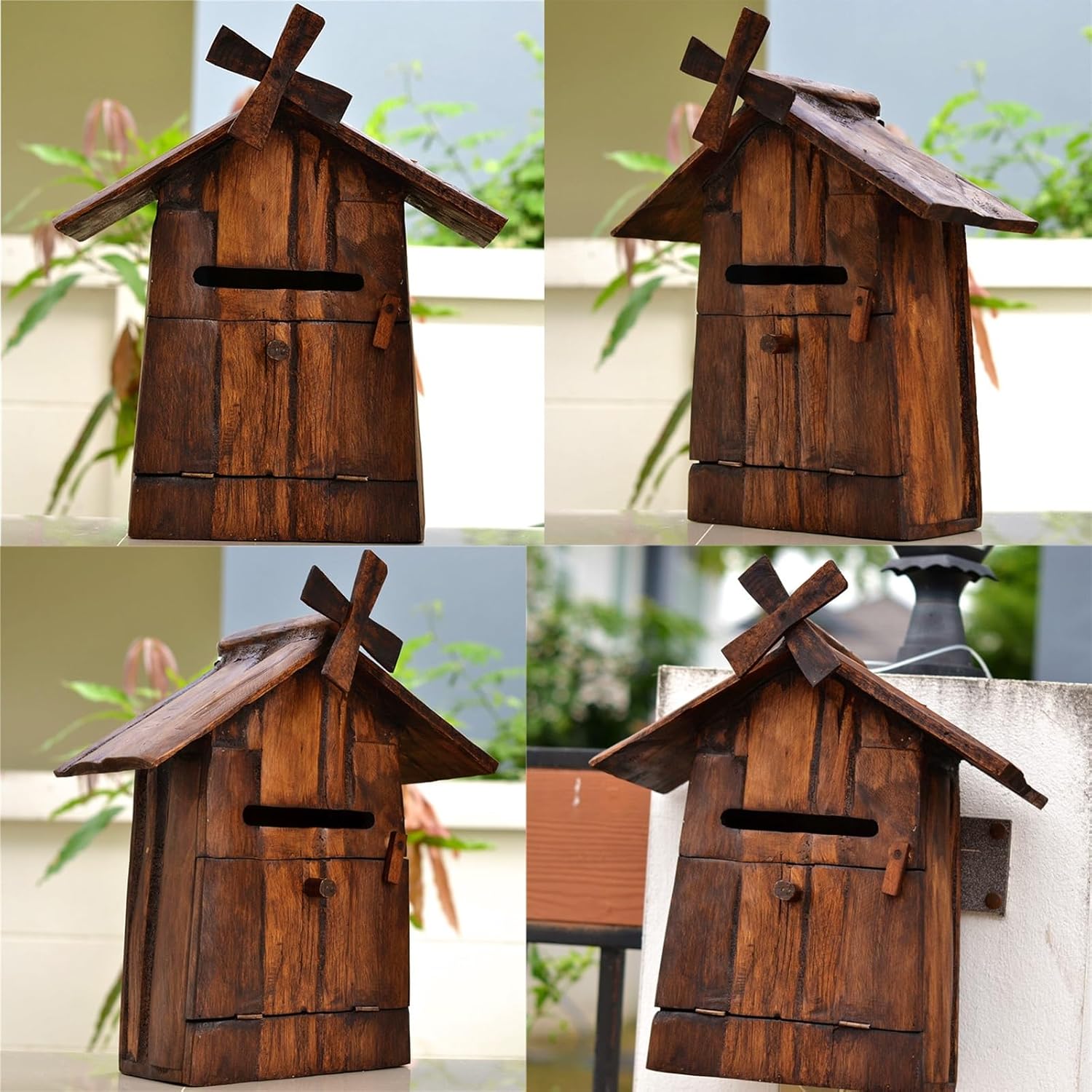 Handmade Wooden Windmill Wall Mounted Mailboxes Outdoor Rainproof Mailbox Classic Old Vintage Mailboxes for Villa Garden Roadside