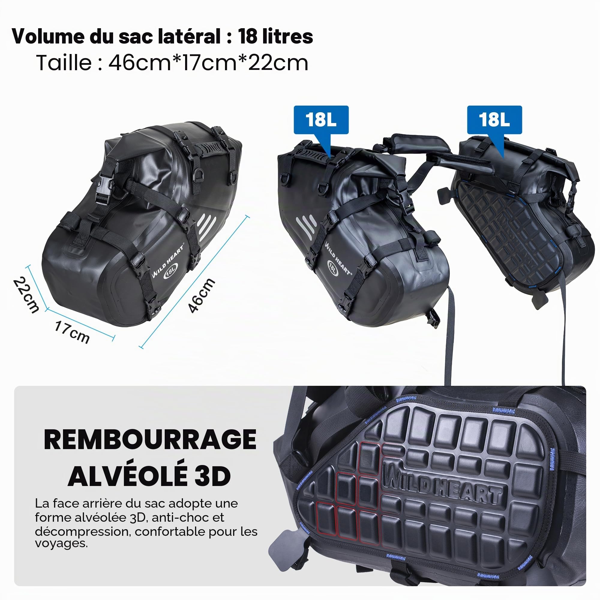 Wild Heart Sacoches de Selle de Moto étanches 36 L (18 L x 2) sacoches latérales Accessoires de Coffre (18 L x 2, TPU)