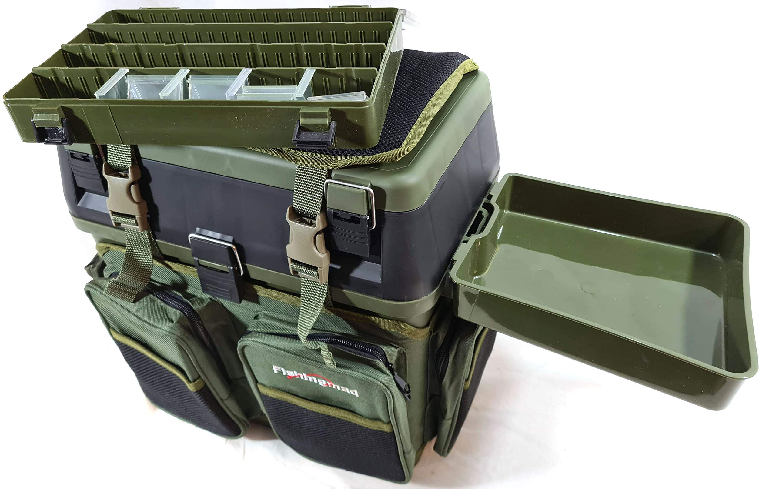 FISHINGMAD Seatbox with Backpack Carrier, Side Tray and Tackle Box