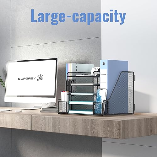 Miniatura 2 de SUPEASY Organizador de escritorio con soporte para archivos, organizador de bandeja de papel de malla de 5 niveles con soporte para revistas,