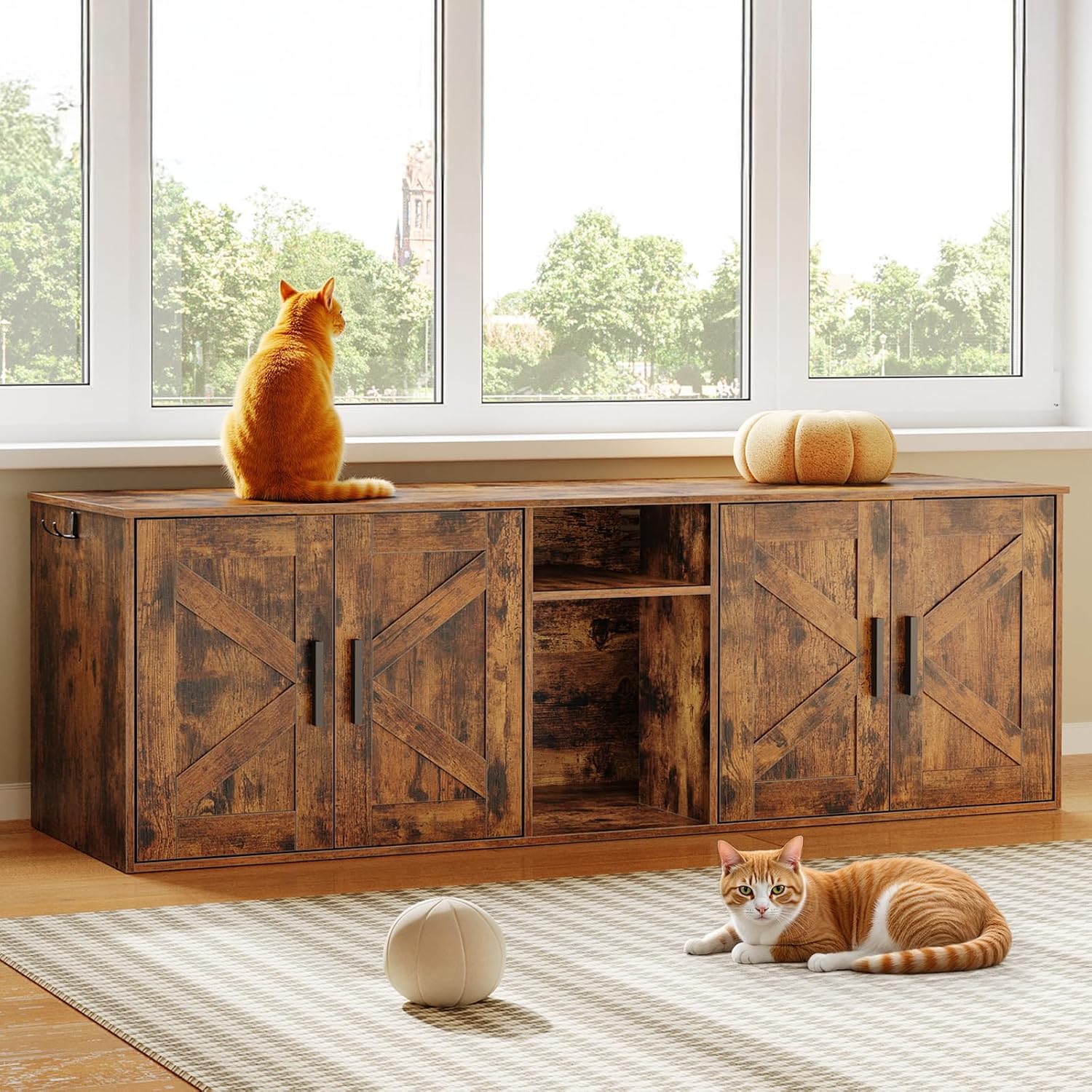HOOBRO Double Litter Box Enclosure, Hidden Litter Box Enclosure with Corridor, Cat Litter Box Furniture with Storage Layer, Wooden Litter Box Cabinet with Hooks, Rustic Brown FG15MW01