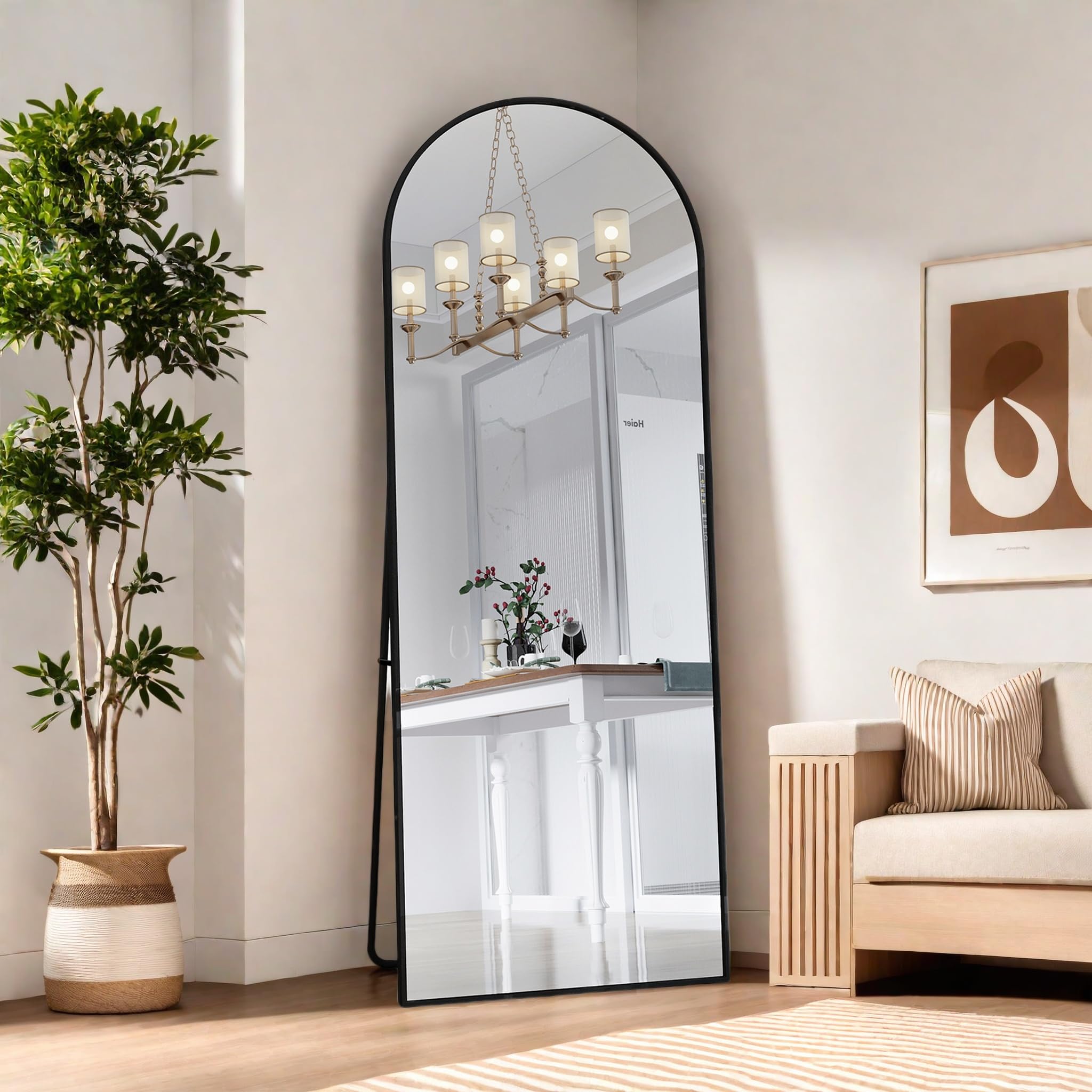 Miroir sur Pied 162x53 cm Grand Miroir Arqué Aluminium Noir Cadre Pleine Longueur