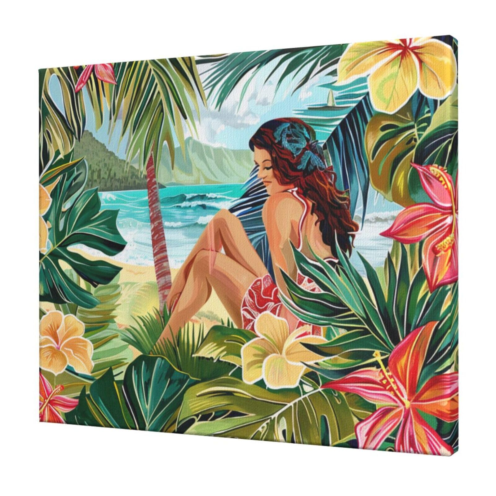 YKLJG summer hawaiian art Printed Wall Art Canvas Prints 60x50 CM Wooden Framed Picture Painting Artwork for Bedroom Kitchen Home Office Decor
