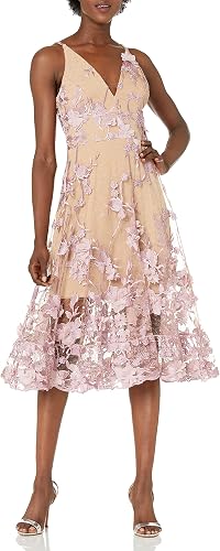 Dress The Population Audrey Vestido Midi Acampanado Floral 3D con Tirantes Delga