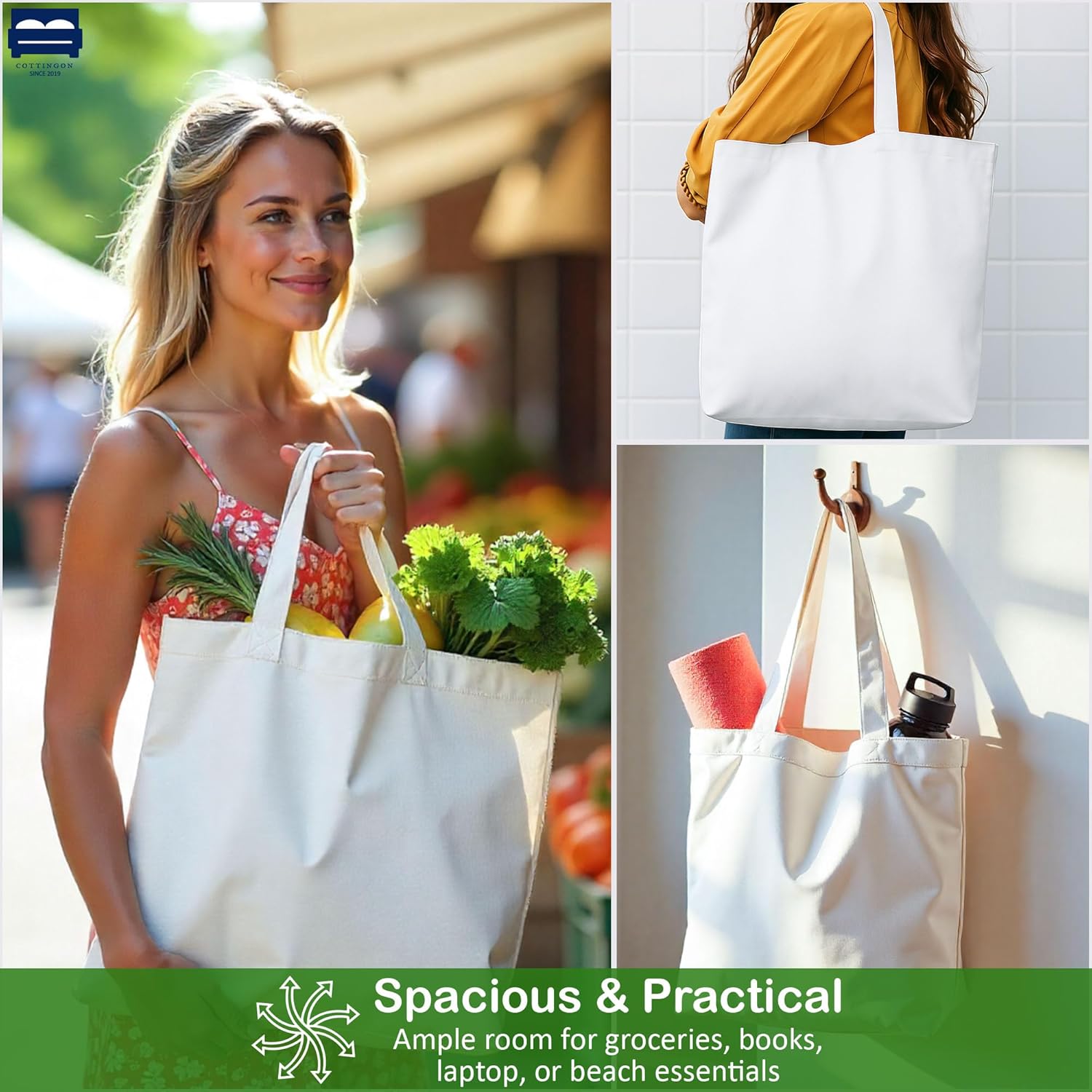 Cottingon Cotton Tote Bags Pack of 24, Reusable Grocery Bags, Medium Lightweight Cloth Totes for Crafts, DIY, Gifts & Events