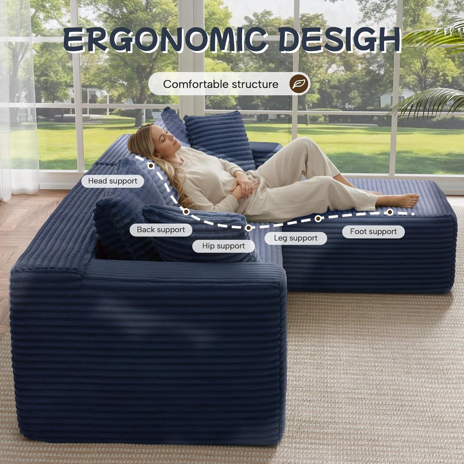 Cloud Sectional Couch, 105” Fluffy Modular L-Shape Sofa with Left Chaise Lounge, Modular Sectional Sofa in a Box, Boneless Couch for Living Room, No Assembly Required, Flannel Blue