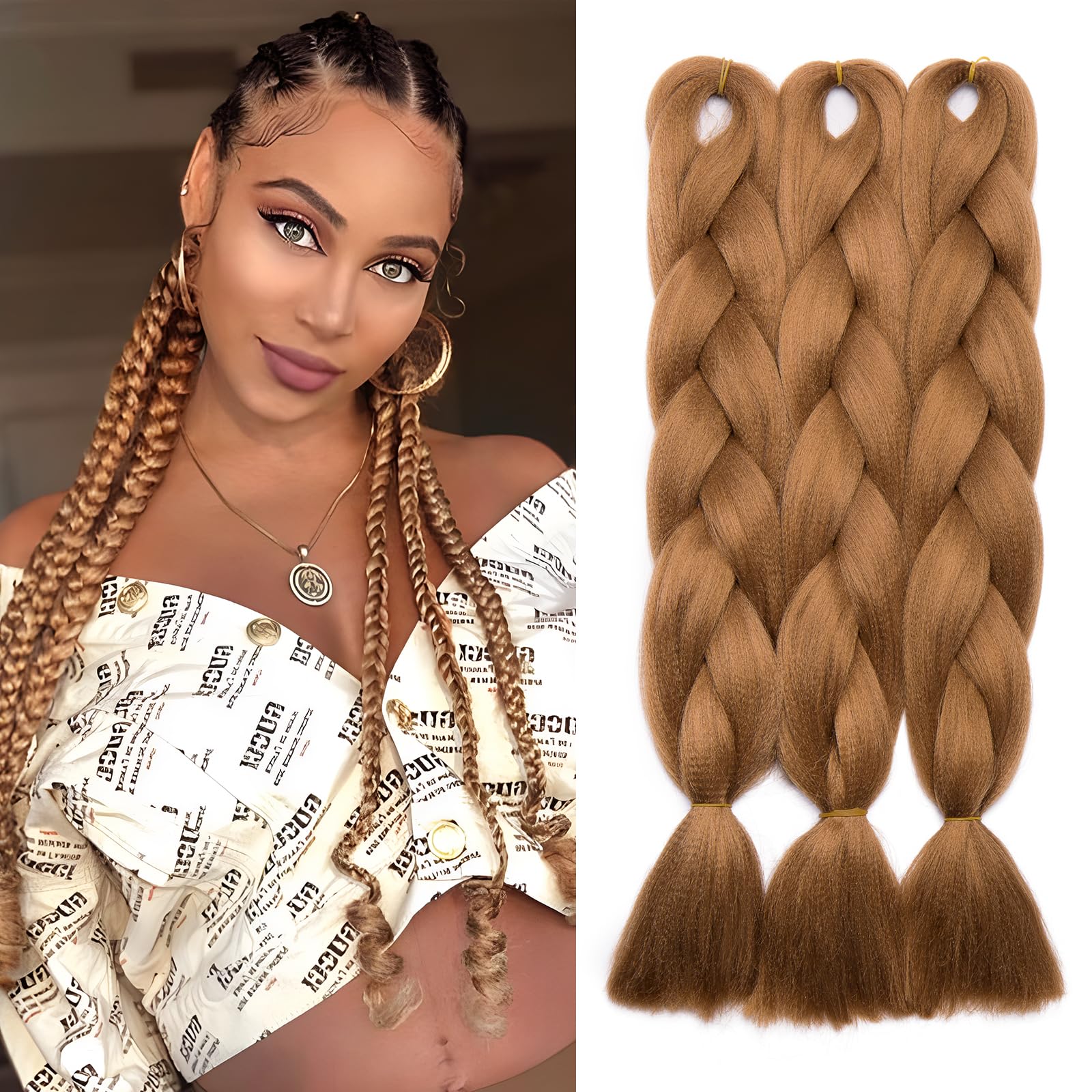 Benehair 3 Packs 24 Inch Braid Extensions Jumbo Box Braiding Hair for Twist Colorful Synthetic Hair Extensions for Braiding Light Brown Hair Extensions for Women(3 Packs