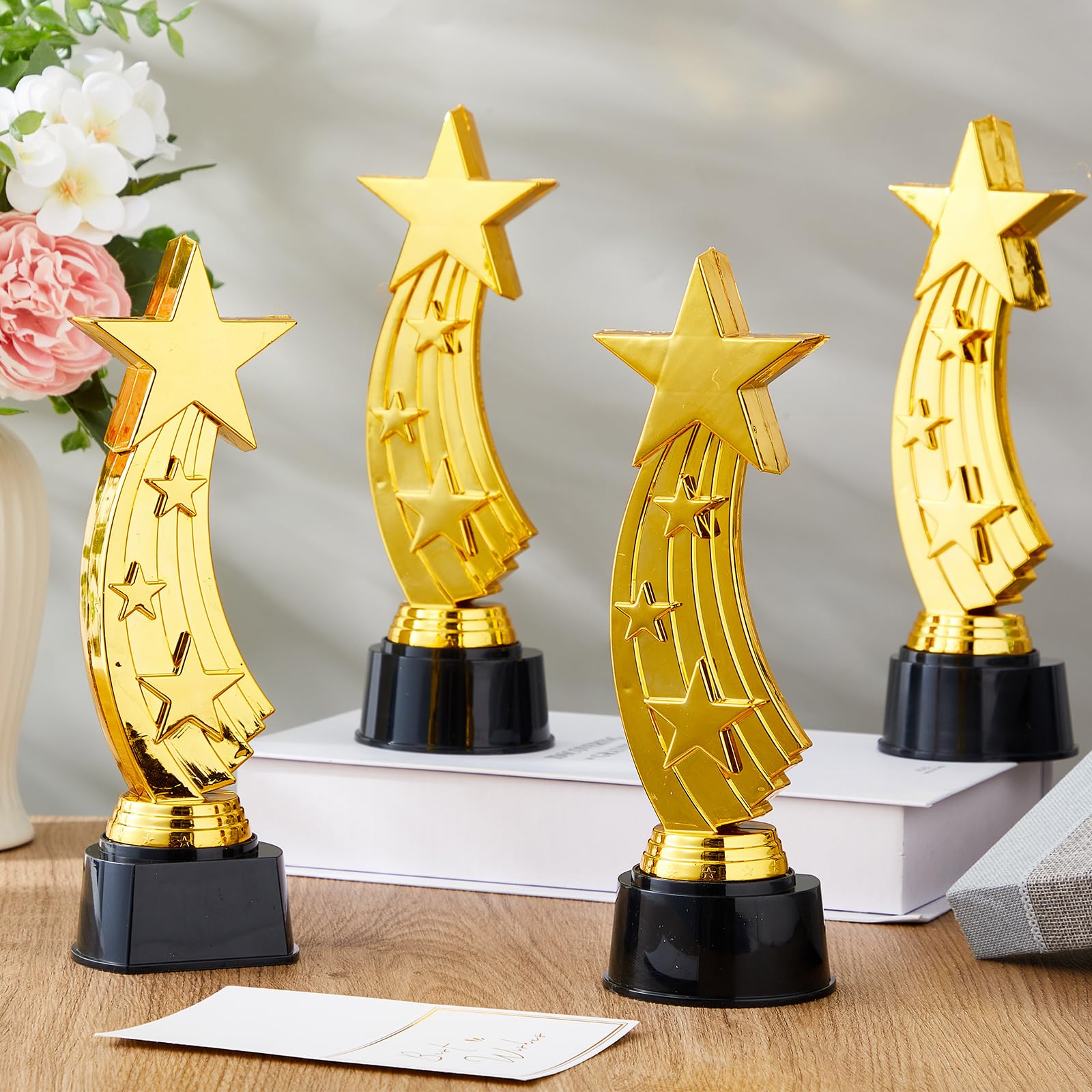 Quelay Trofeos de plástico dorados de 9.5 pulgadas para reconocimiento de empleados, premios escolares, regalo motivacional, celebración de logros excepcionales, competencia (12 unidades, estrella