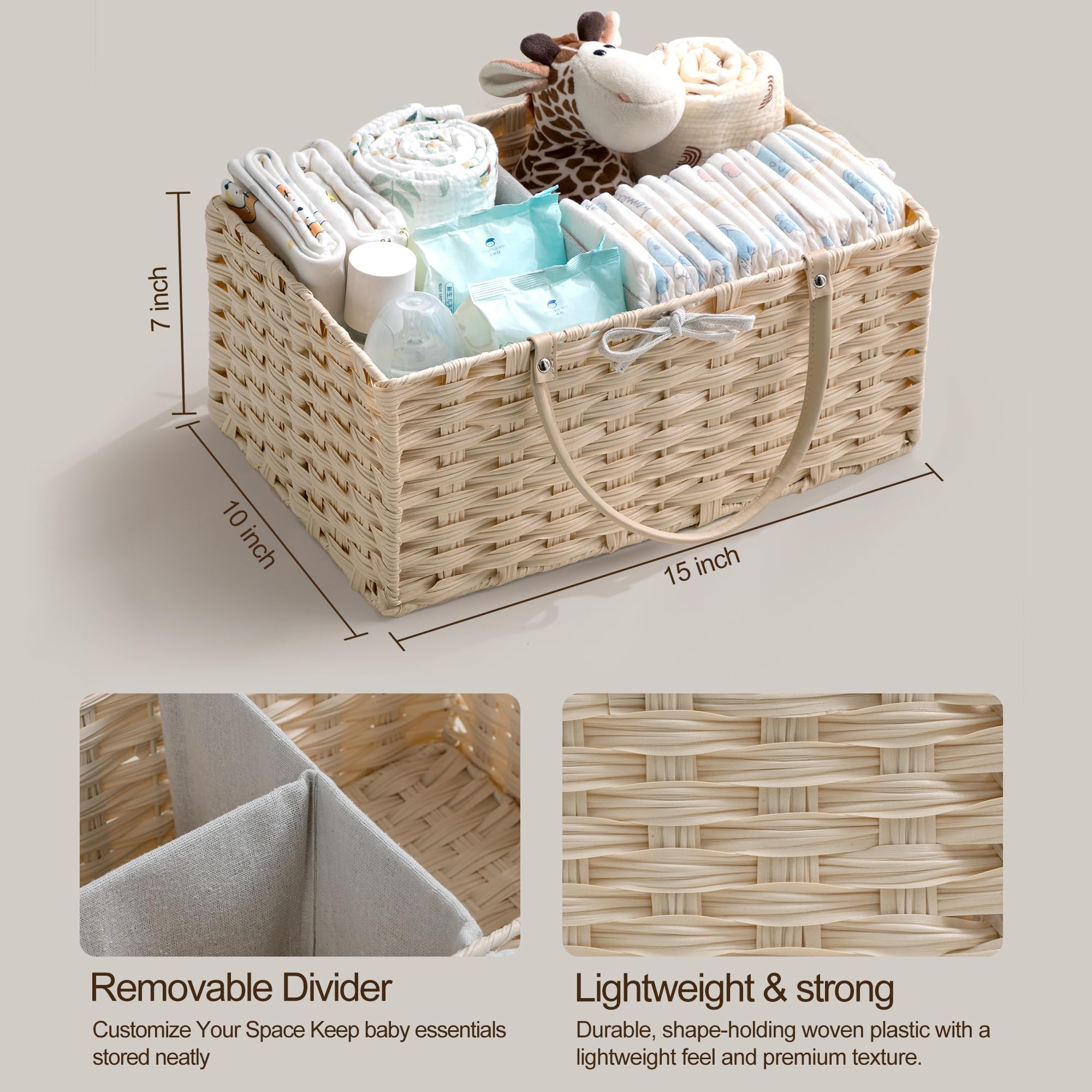 HBlife Organizador grande de pañales, lavable, impermeable, cesta tejida de mimbre portátil con divisor, estación de pañales para guardería, cesta de regalo para baby shower y organizador de coche