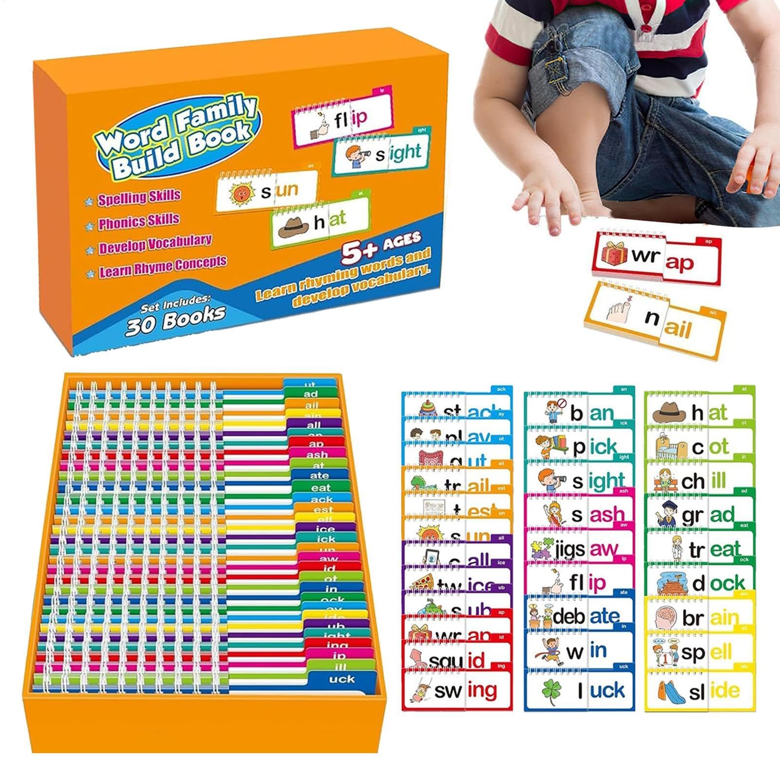 30 Livrations de Lecture et de Rime, Livre de Build de Famille de Mots, Lettres de Mots de Mots Sonne Cartes Flash, Livre d'activité de vocabulaire, Jeux de phonique en Lecture éducative