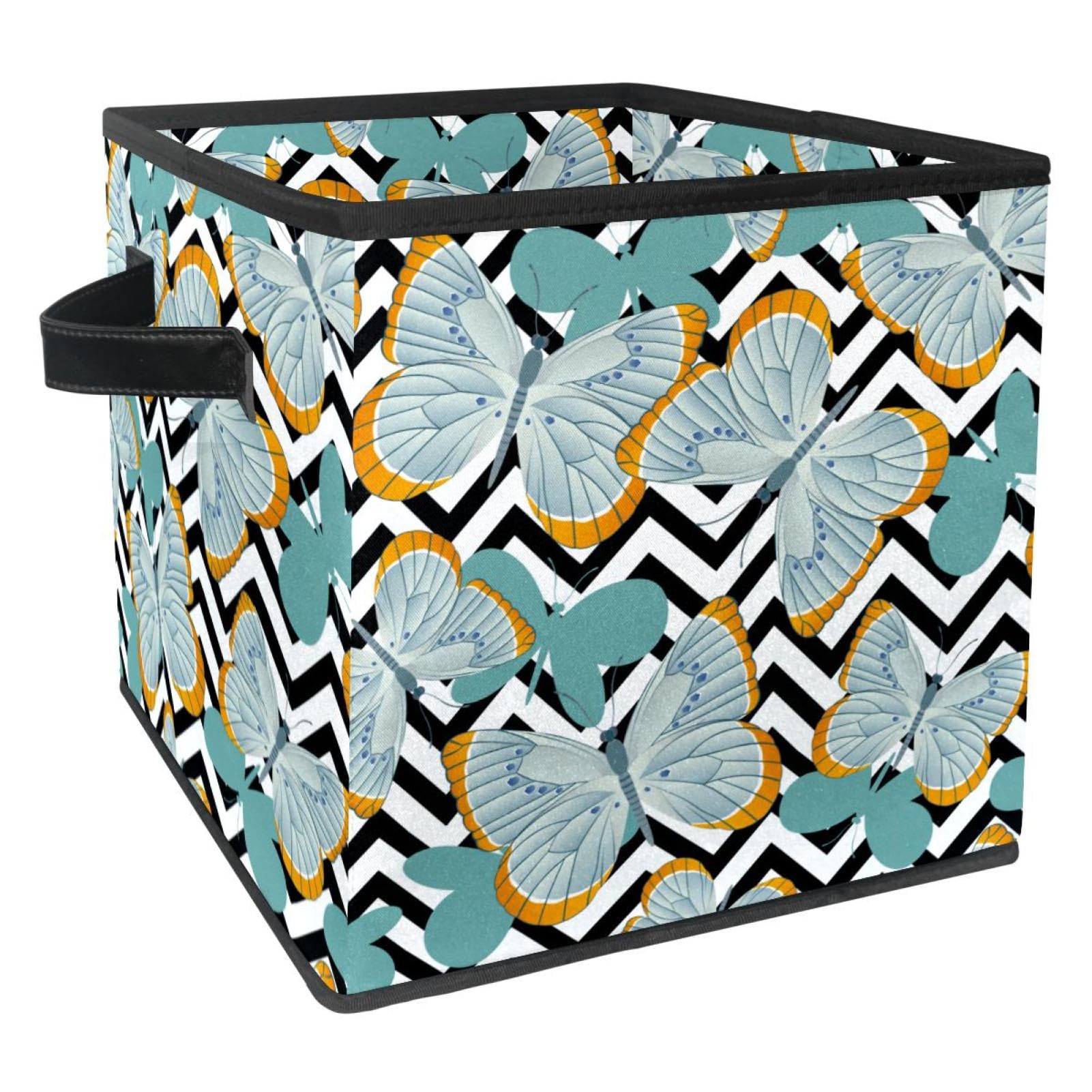 Boîte de rangement pliable cube en tissu gris et bleu motif papillons pour placard