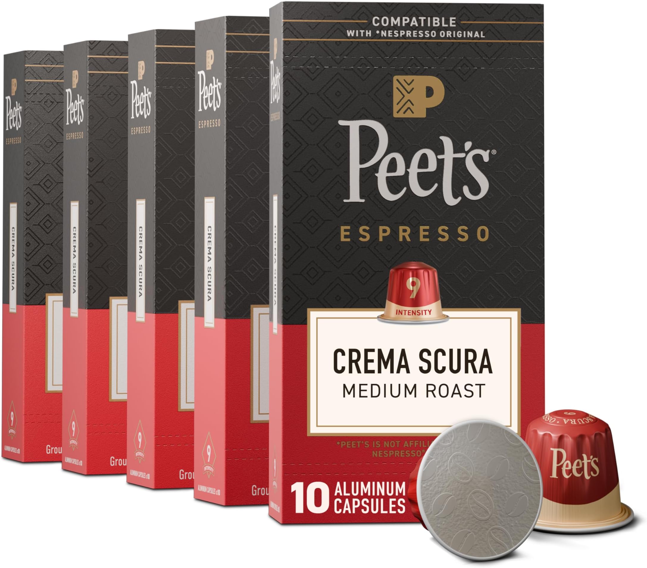 Medium Roast Espresso Capsules, Compatible with Nespresso Original Machine, 100% Arabica Coffee - Crema Scura Intensity 9, 50 Count (5 Boxes of 10 Espresso Capsules)