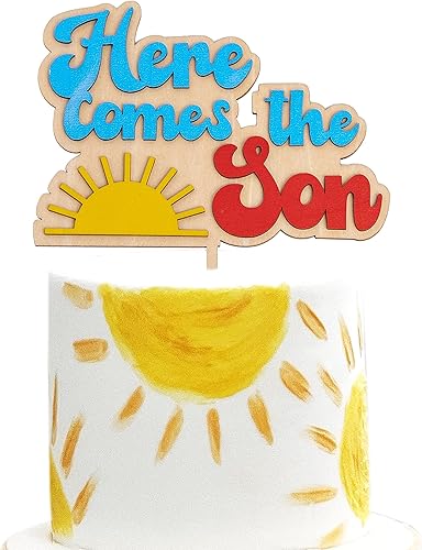Here Comes The Son Baby Shower Cake Topper Decoración de madera boho Sunshine para tartas, decoración retro para fiestas de sol para niños
