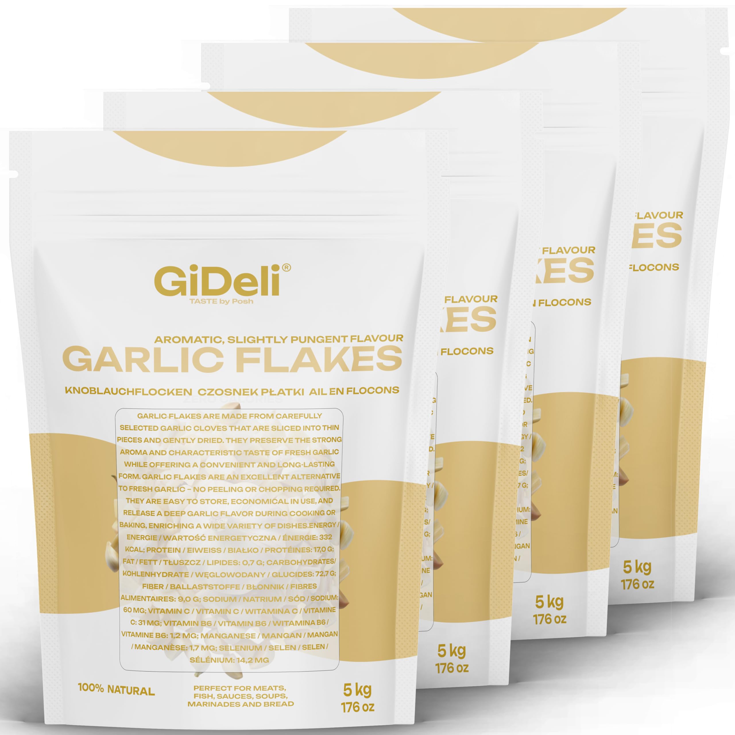 GiDeli Knoblauch Flocken 4 x 5kg - Ideal zum Kochen und Würzen - 100% Natur - Vielseitig verwendbar für Suppen, Saucen, Marinaden, Fleisch und Gemüse - Aromatisch, Scharf und Intensiv