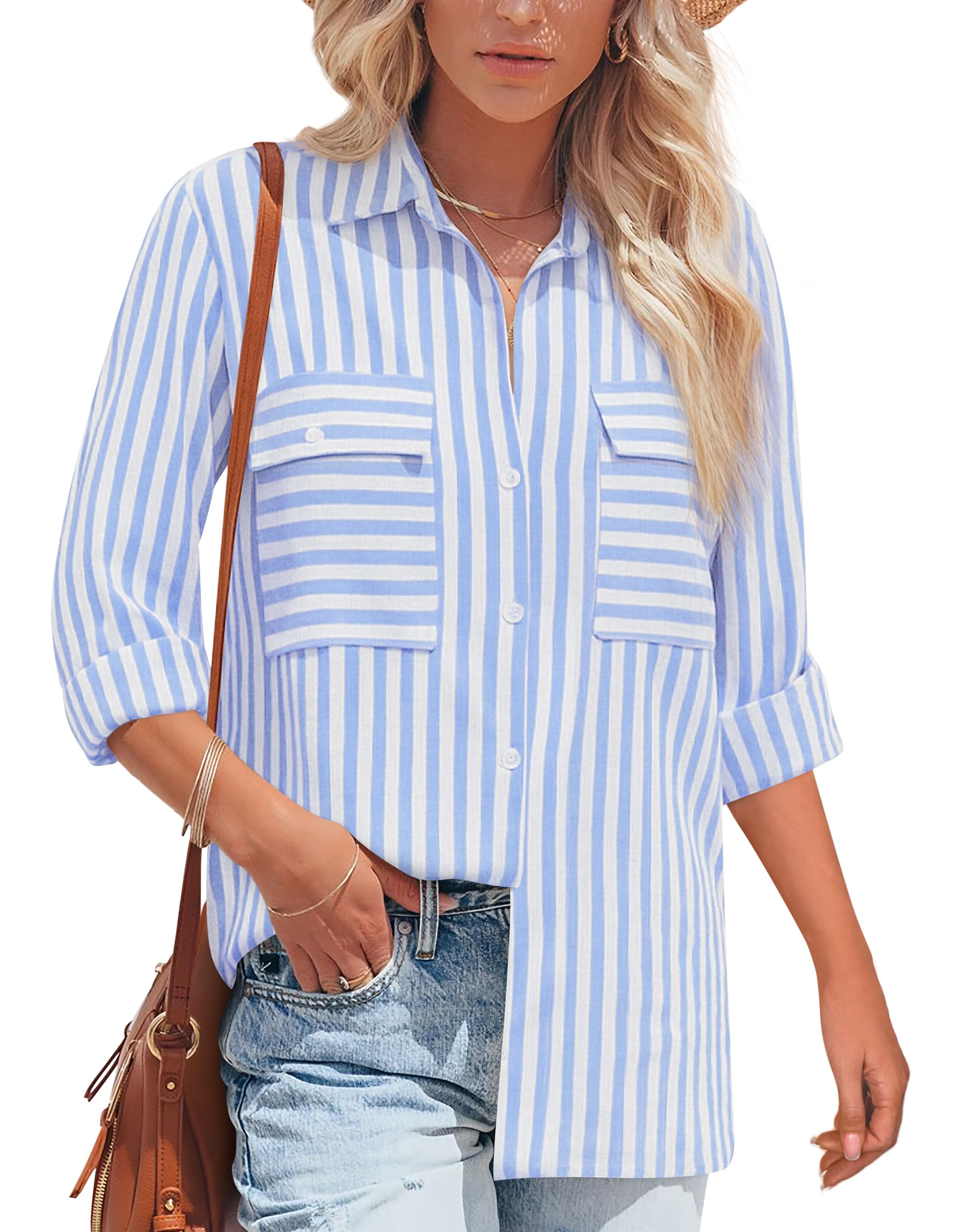NONSAR Camicetta da donna a maniche lunghe, casual, a righe, in cotone, a maniche lunghe