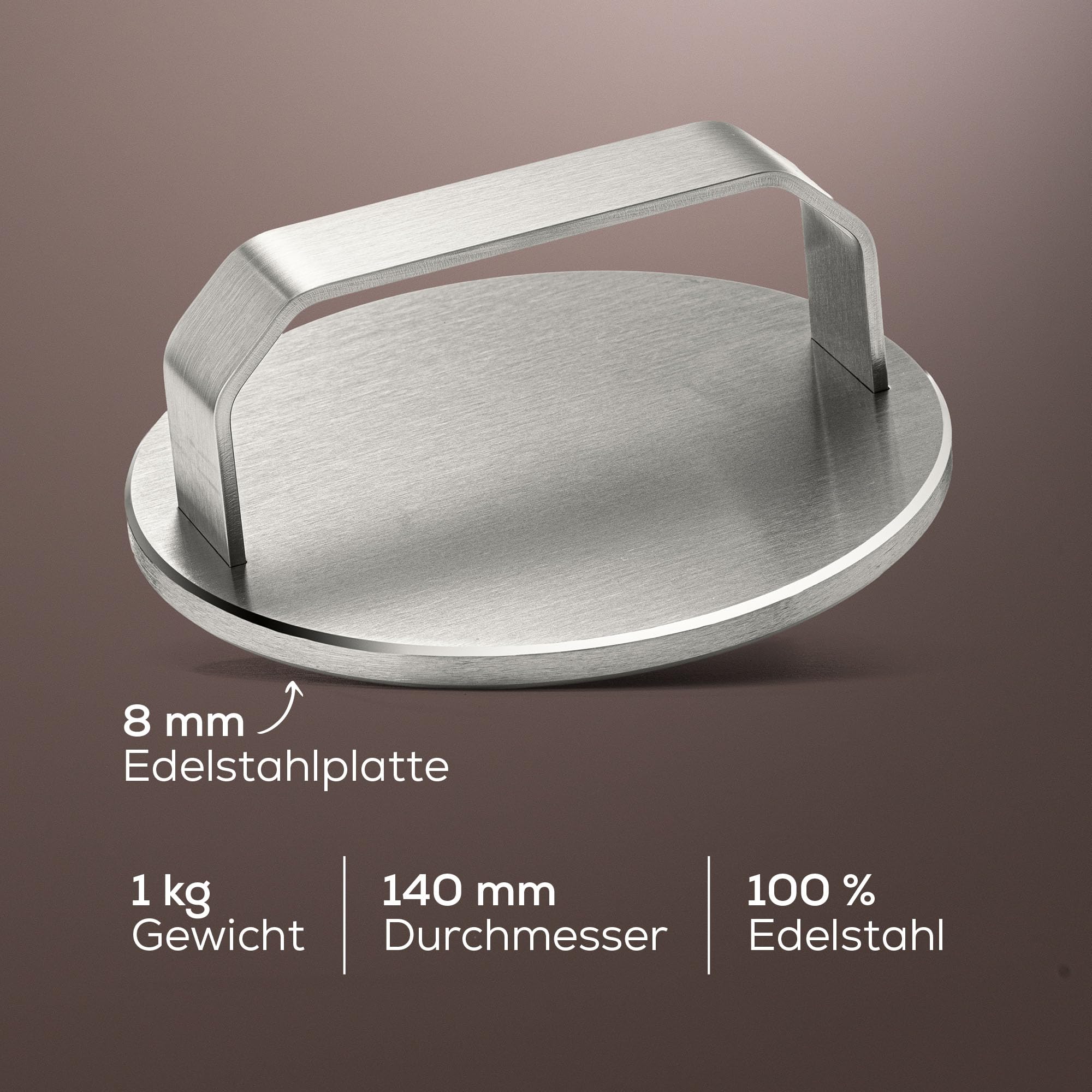 BeHe Smash Burger Presse 1kg schwer 100% Edelstahl – Massive Burger Presse für Grill & Plancha – 8 mm Burgerpresse für perfekte Smashburger Kruste – Burger Patty Presse Made im Ruhrgebiet