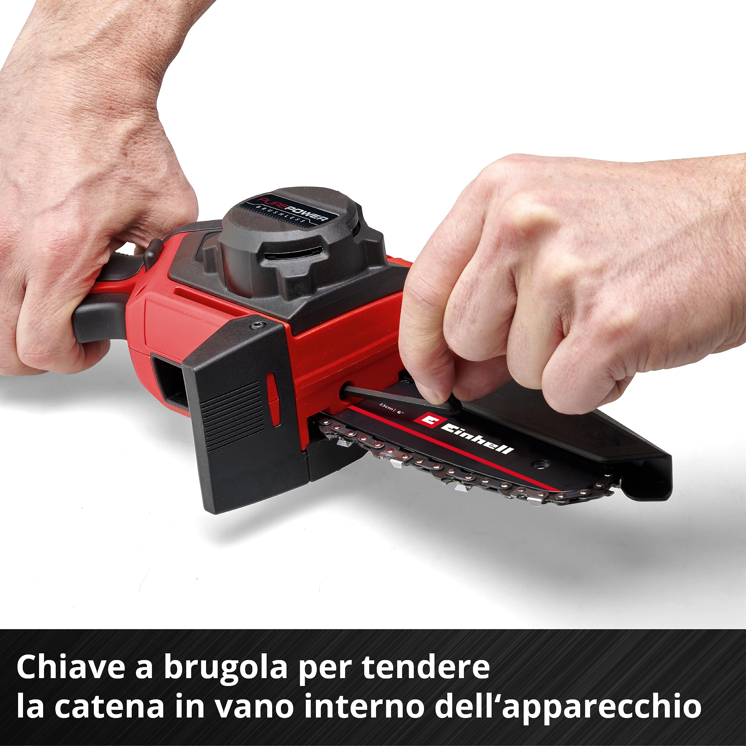 Einhell, motosega a batterie GE-PS 18/15 Li BL-Solo Power X-Change (18 V, brushless, lunghezza di taglio 12,5 cm, cambio lama e catena senza attrezzi, senza batteria)