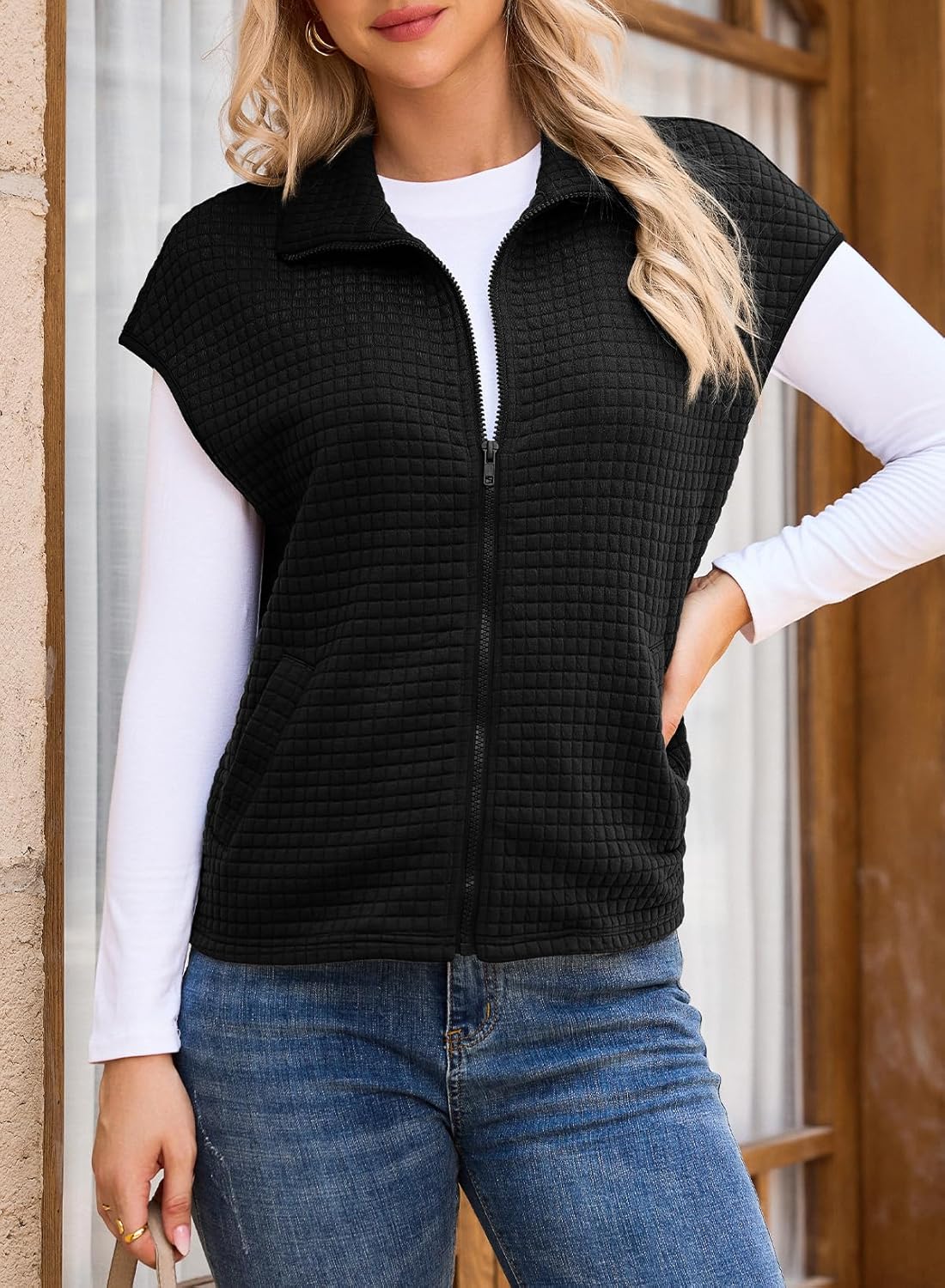 Dokotoo Womens Vest Tops 2026 Zipper Up Cap Sleeve Side Pockets Waffle Knit Sleeveless Oversized Vests - Image 4