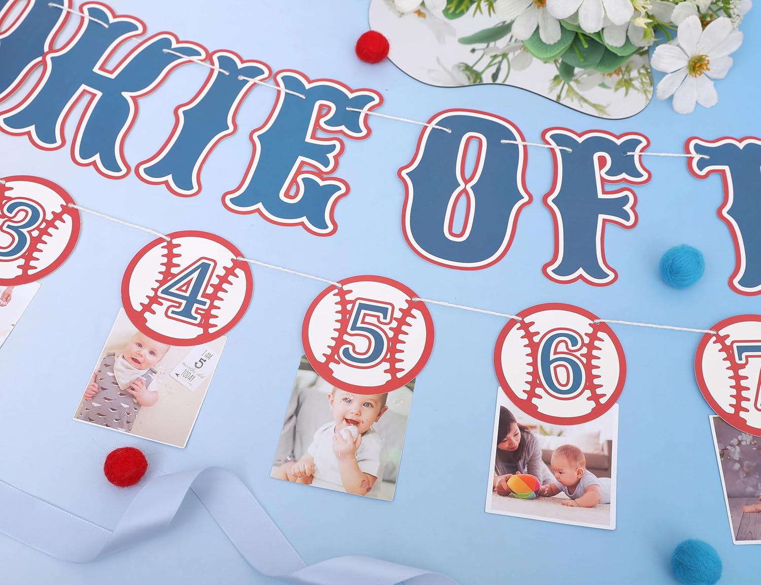 Rookie Of The Year 12 Month Photo Banner - Baseball First/1st Birthday Decorations,Rookie Of The Year Banner,Sports Birthday Party Decor (blue3)