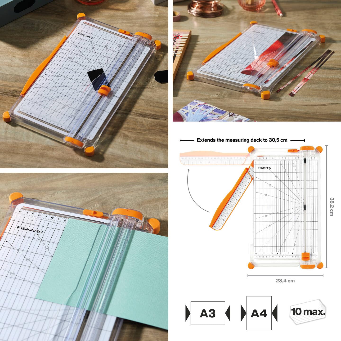 Fiskars SureCut Papierschneidemaschine, A4, Breite Grundfläche, Großer Papierschneider mit Schnittlinienführung, Weiß/Orange, 1077980