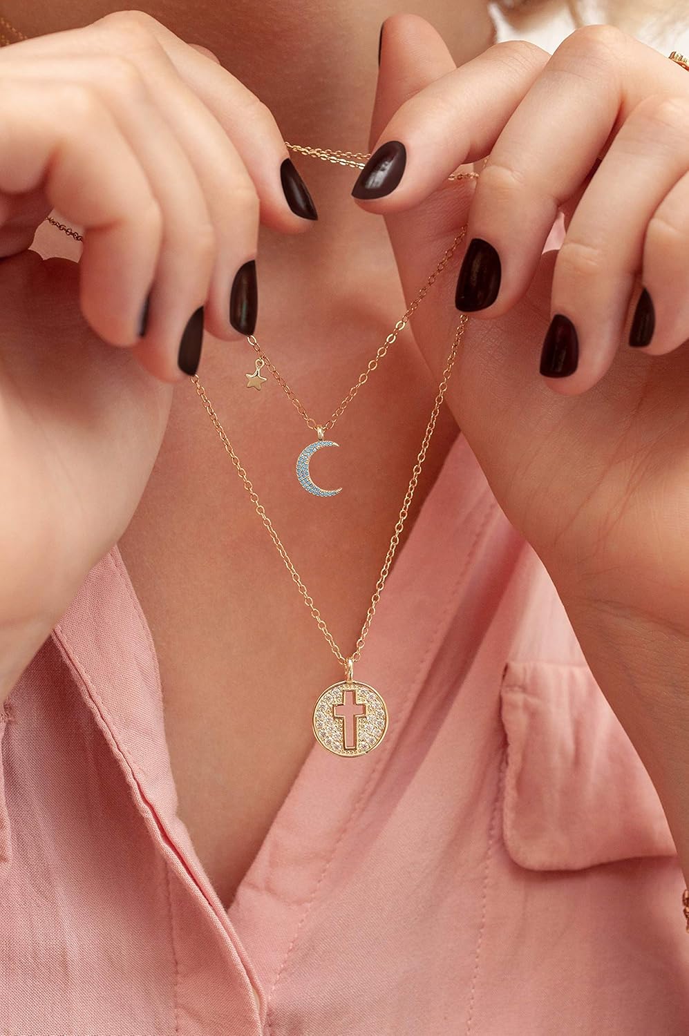 Aobei Pearl 18K Gold Plated Moon Star Lion Evil Eye Love Heart Cross Pendant Necklace Medallion Paperclip Chian Choker Layering Jewery for Women - Image 5